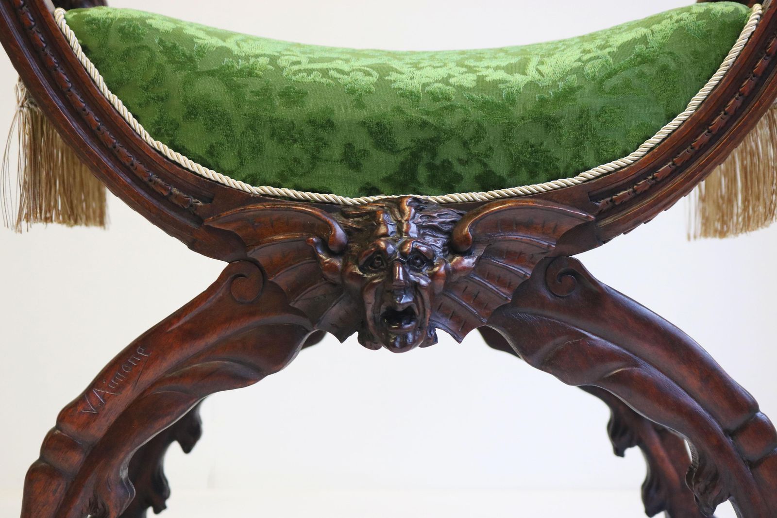 photo for sale Rare Pair Of Gothic Revival Stools By Victor Aimone 19th Century Lion Heads Oak