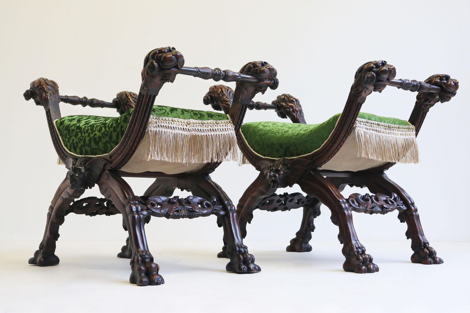 photo vinterior Rare Pair Of Gothic Revival Stools By Victor Aimone 19th Century Lion Heads Oak