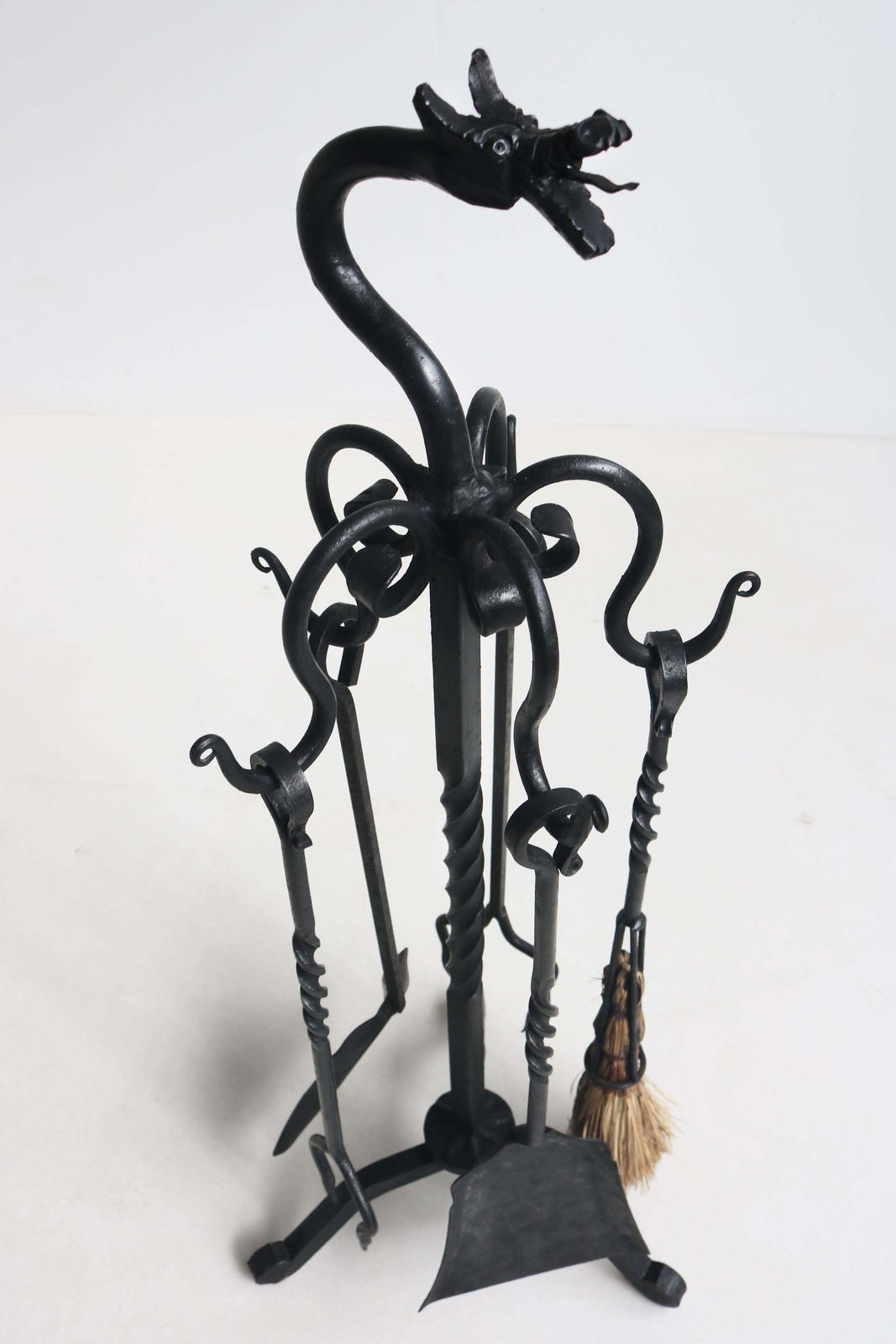 photo vinterior Spanish Gothic Revival Fireplace Tool Set Wrought Iron Dragon 1920 Hand Forged