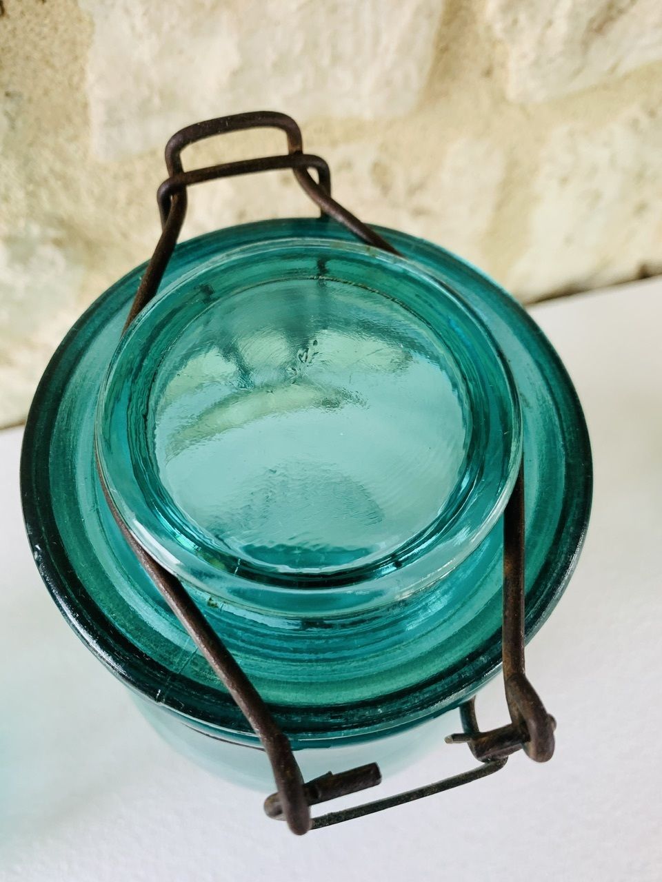 Vintage, French, Turquoise Glass Jars From Solidex, 1940s, Set Of 2 photo vinterior