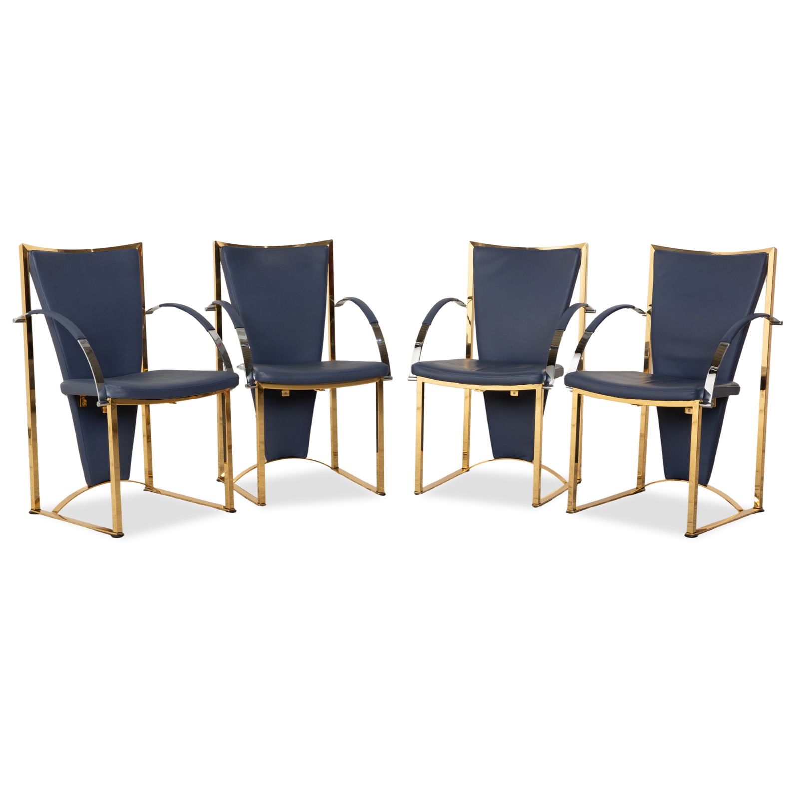 Set Of 4 Ronald Schmitt Leather Chairs Blue Gold Metal