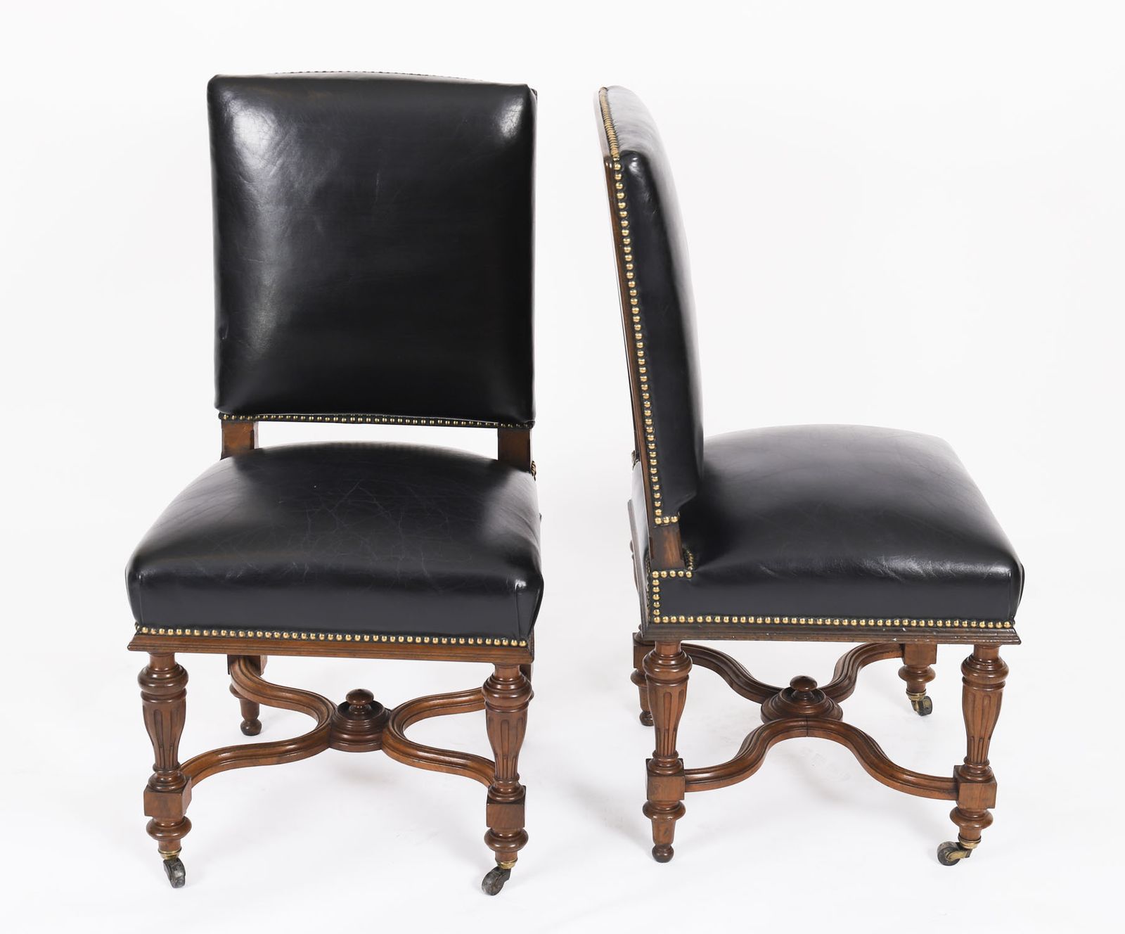 Antique Set 12 French Walnut & Black Leather Upholstered Dining Chairs 19th C photo furniture