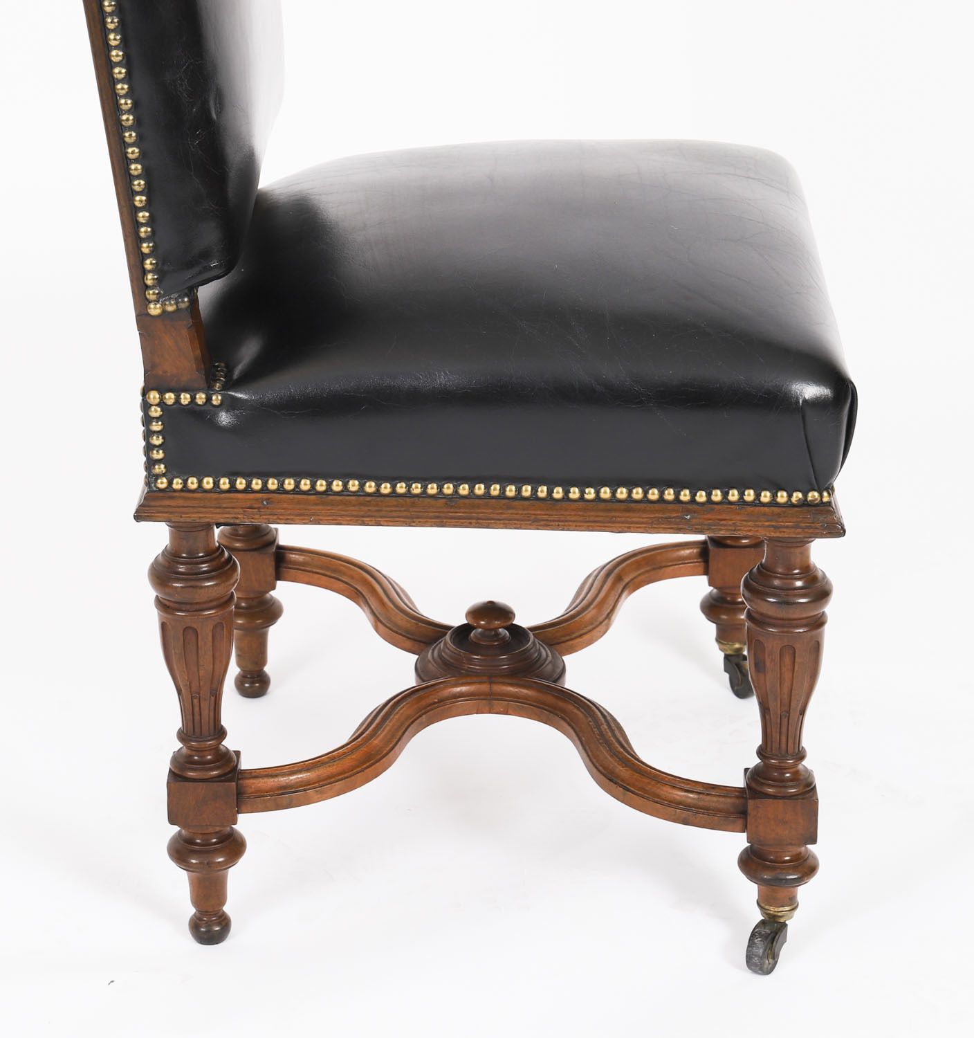 Antique Set 12 French Walnut & Black Leather Upholstered Dining Chairs 19th C photo Furniture