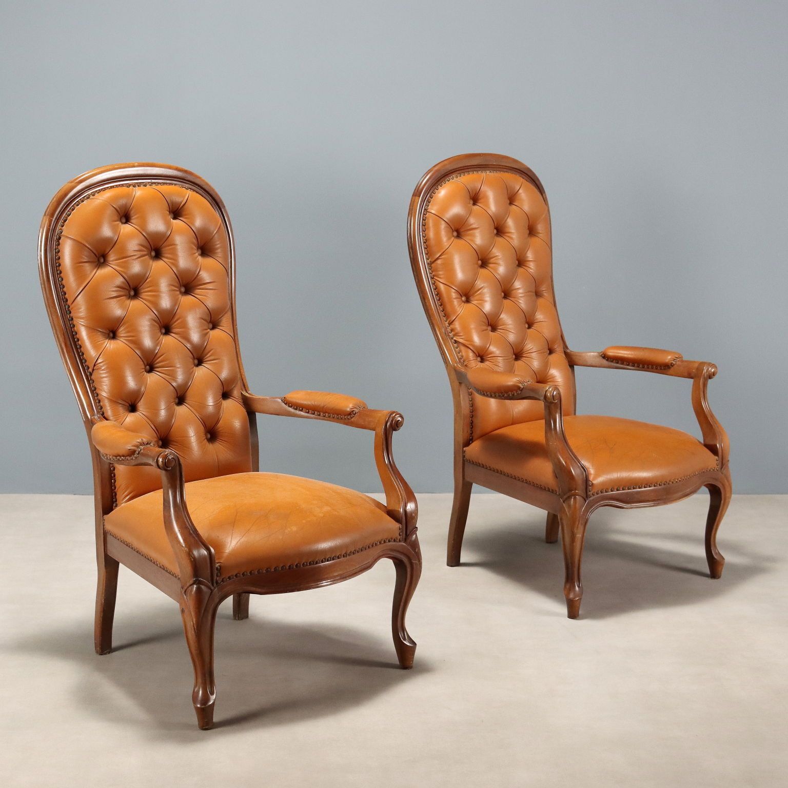 Antique Armchairs Walnut Leather Italy XX Century