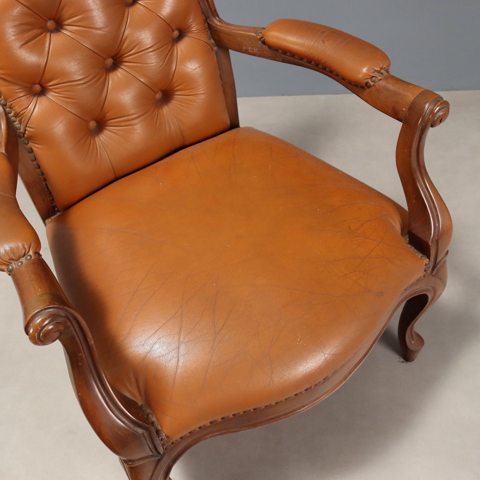 Antique Armchairs Walnut Leather Italy XX Century photo vintage