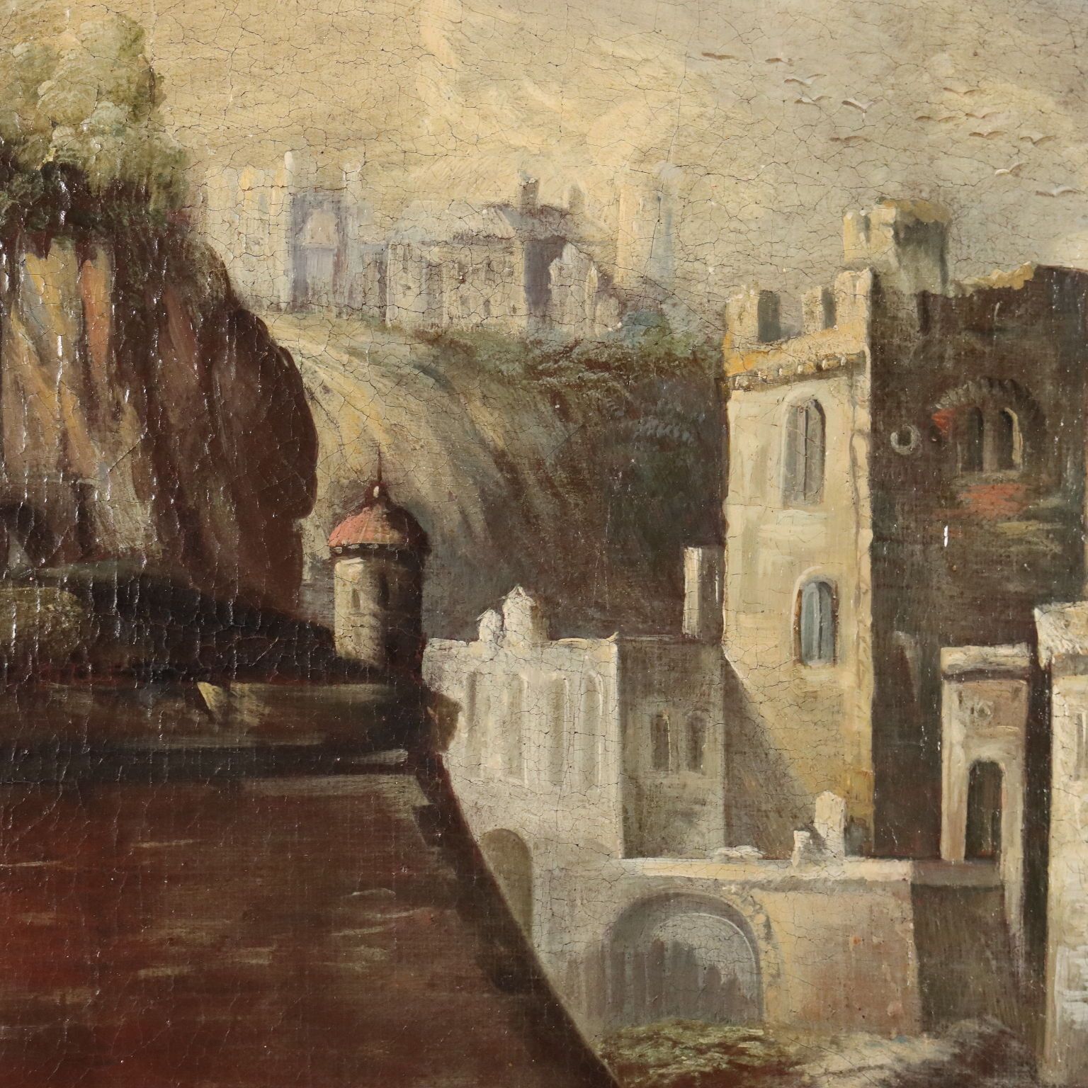 Antique Painting Landscape With Buildings Oil On Canvas XVIII Century photo vintage