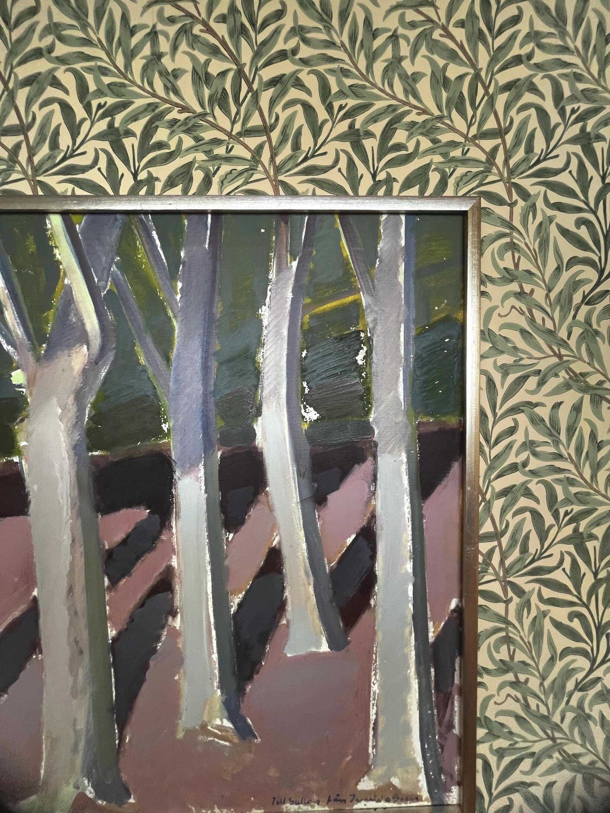 Abstract Forest Landscape Original Oil Painting Mauve And Green Mid Century Modern Wall Art Vintage Scandinavian Artwork Framed photo Art