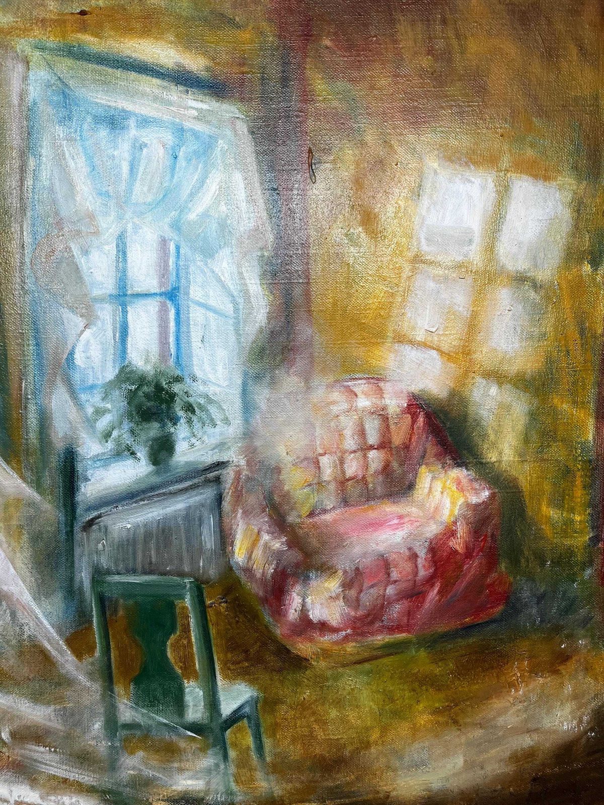 Dreamy Interior Scene,  1991, Swedish Monogram Signed, Oil Painting On Streched Canvas photo for sale