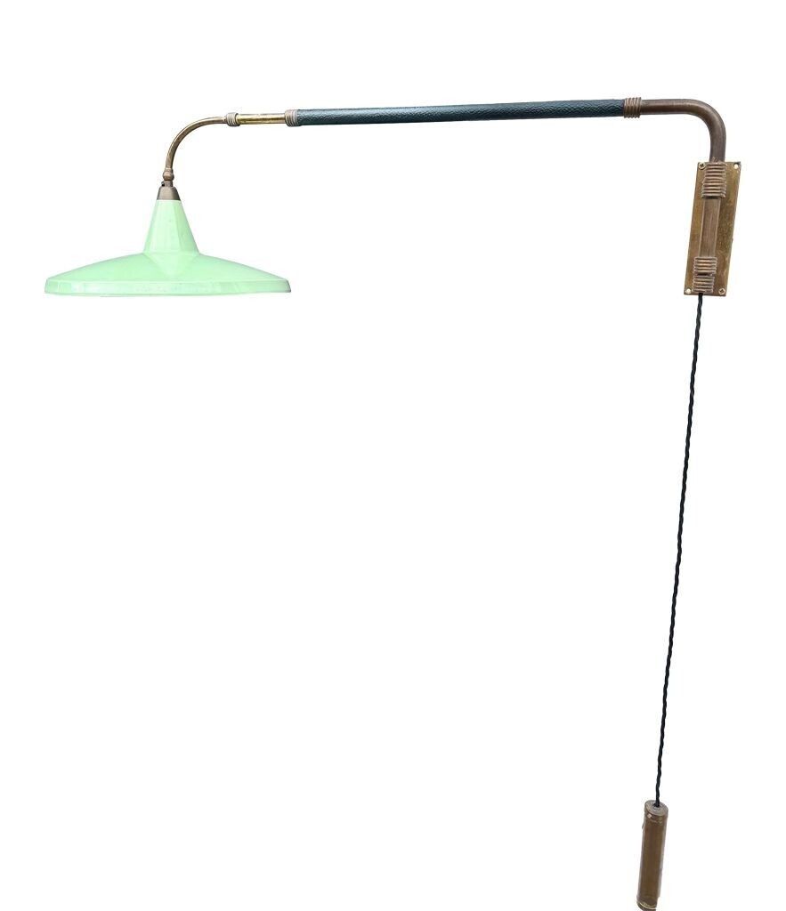 An Italian 1950s Stilnovo Brass Extendable Telescopic Wall Light With Green Stitched Leather Arm photo 2450.0