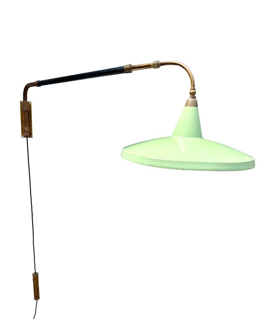 2450.0 An Italian 1950s Stilnovo Brass Extendable Telescopic Wall Light With Green Stitched Leather Arm photo