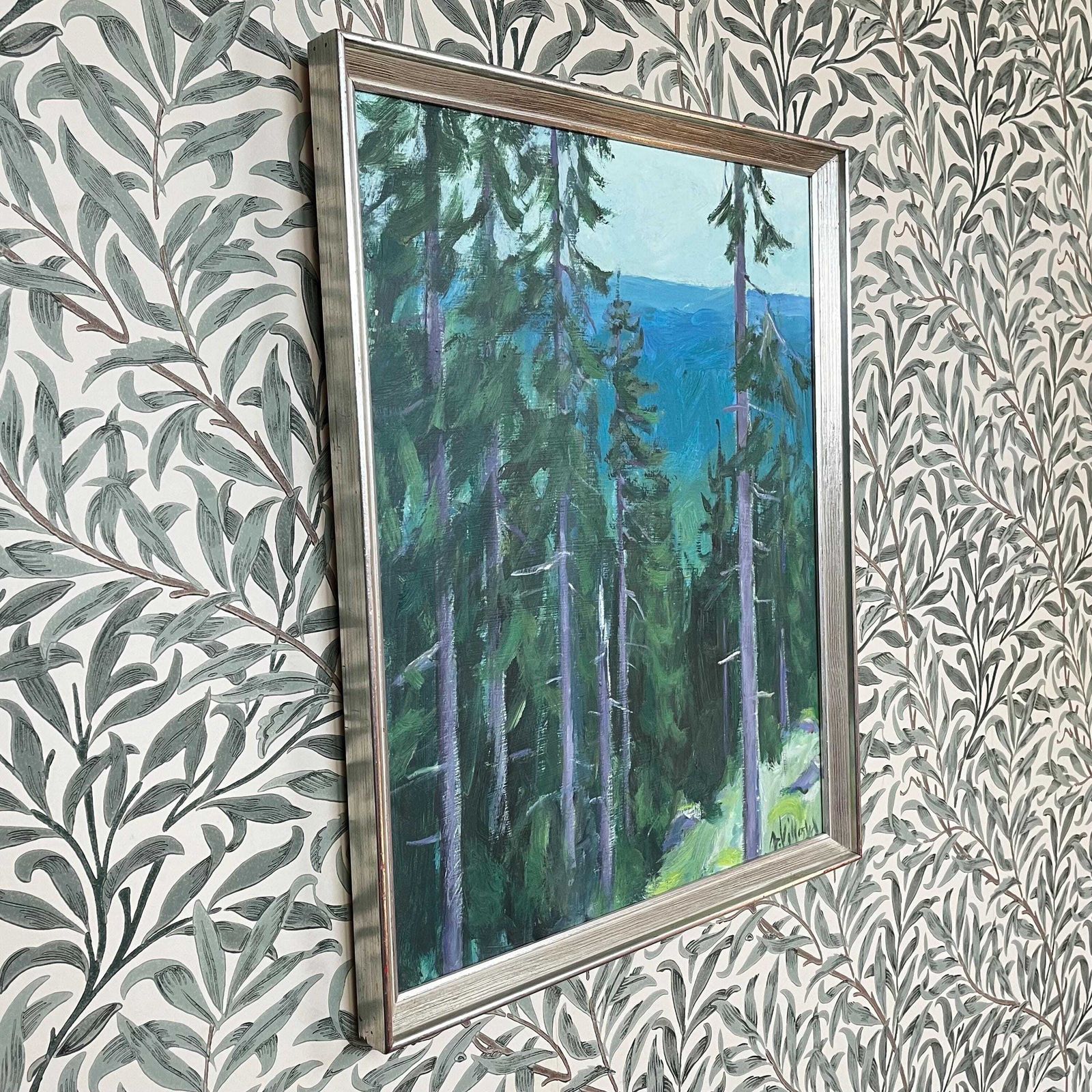 Spruce Forest With Distant Mountains – Mid 20th Century Nordic Oil Painting Signed A Villo – Scandinavian Vintage Wall Art In Silver Frame photo for sale