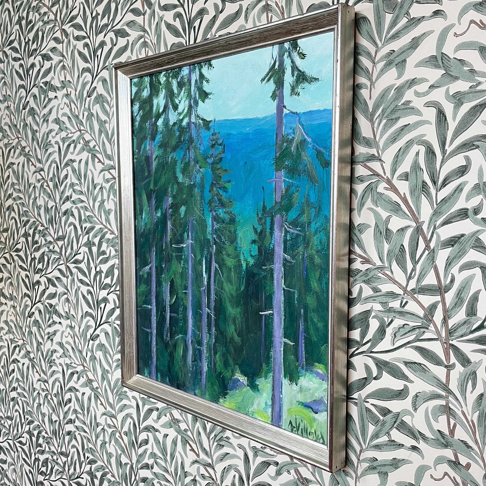 Spruce Forest With Distant Mountains – Mid 20th Century Nordic Oil Painting Signed A Villo – Scandinavian Vintage Wall Art In Silver Frame photo Art