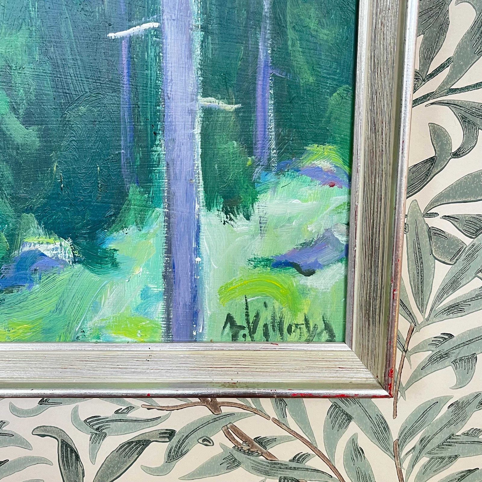 Spruce Forest With Distant Mountains – Mid 20th Century Nordic Oil Painting Signed A Villo – Scandinavian Vintage Wall Art In Silver Frame photo 267.0