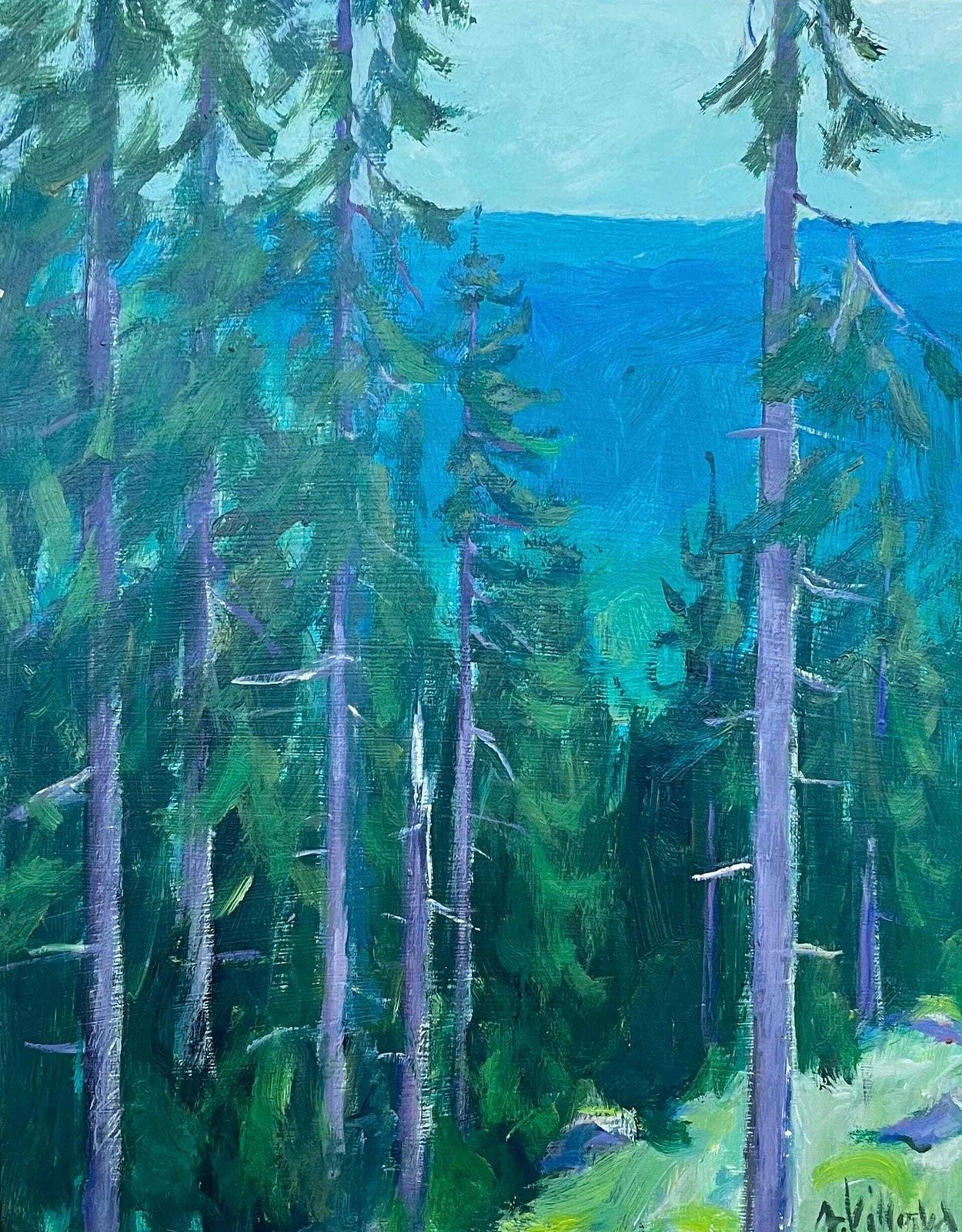 Spruce Forest With Distant Mountains – Mid 20th Century Nordic Oil Painting Signed A Villo – Scandinavian Vintage Wall Art In Silver Frame photo buy