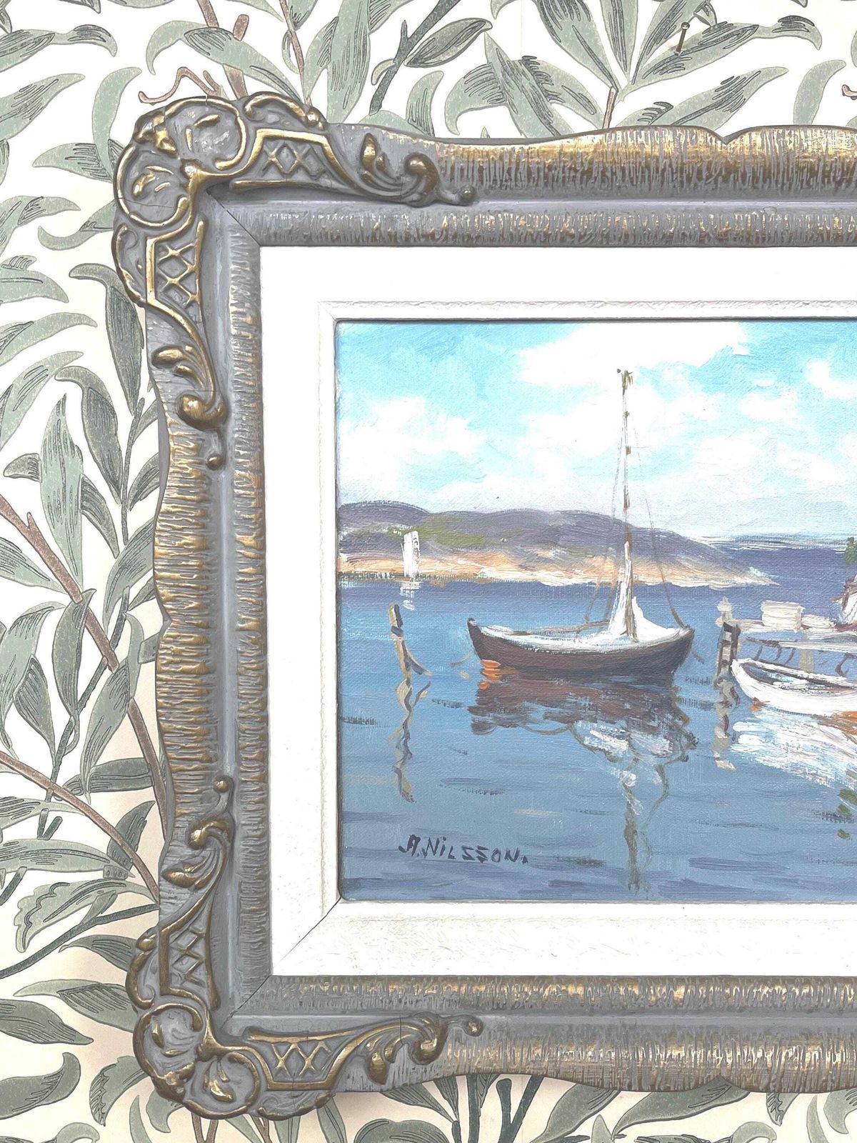 Coastal Scene With Boats 1950s Original Oil Painting By Algot Nilsson (1898 1976) Swedish Artist Vintage Scandinavian Marine Seascape Art photo 200.0