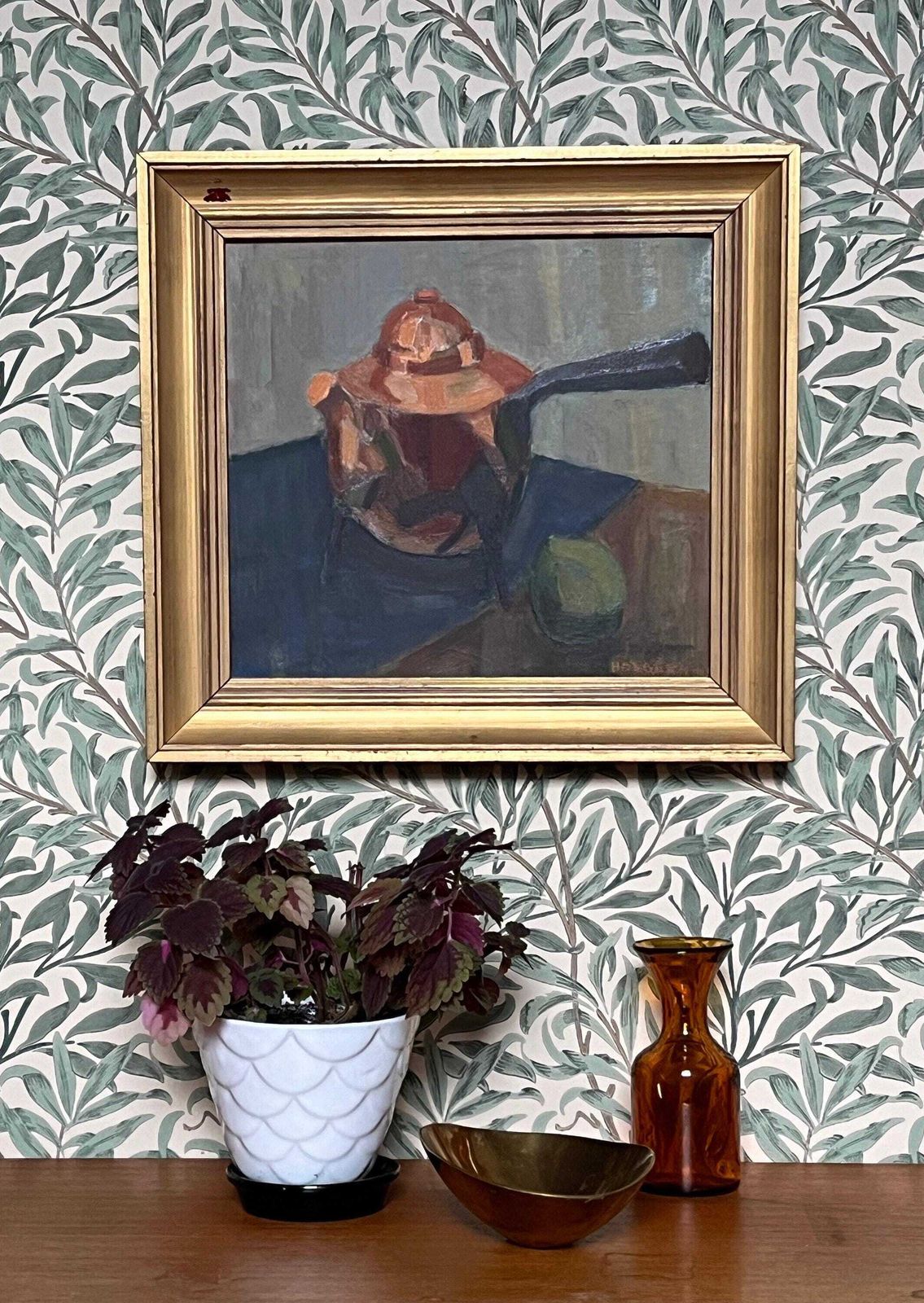 Copper Coffee Pot And Fruit, 1946, Swedish Listed Artist Holger Karlsson Oil Painting On Streched Canvas photo furniture