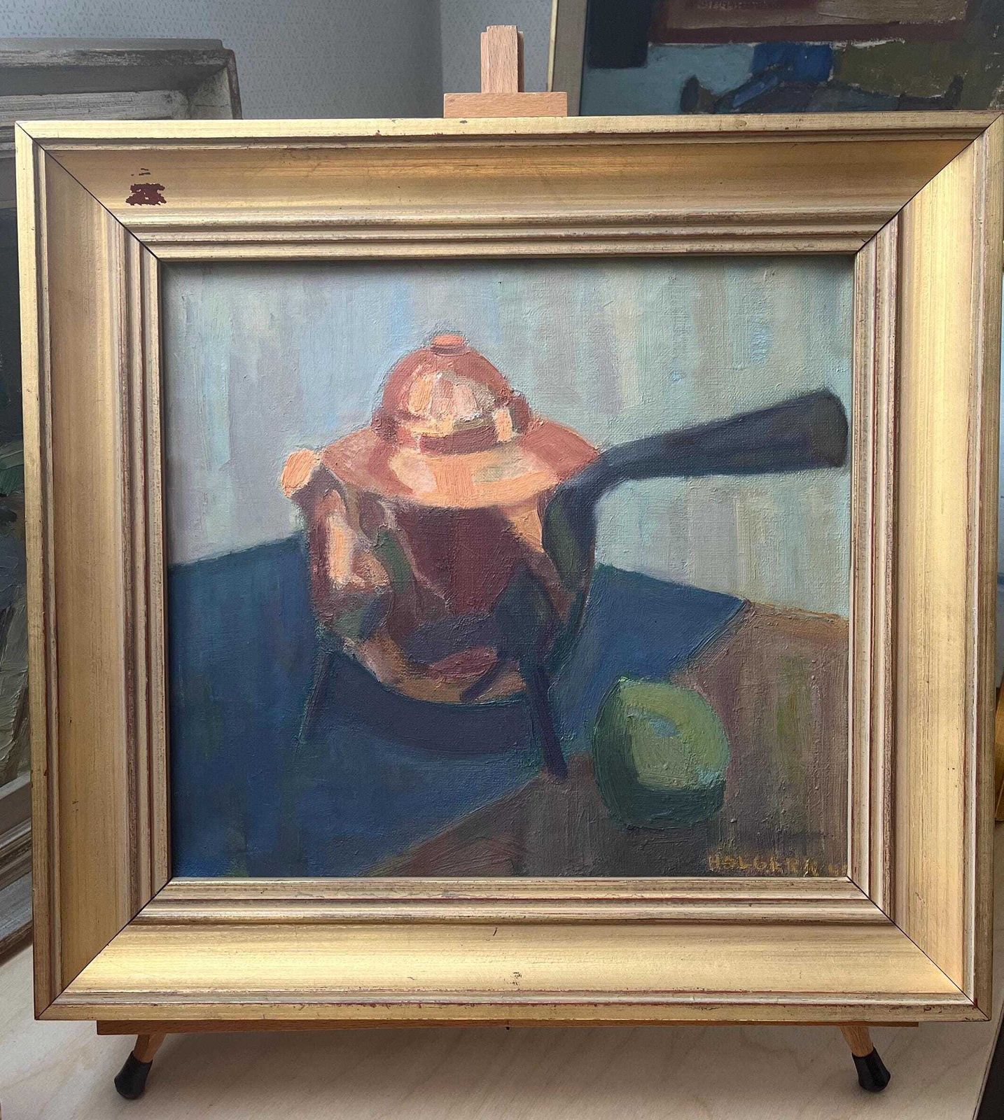 Copper Coffee Pot And Fruit, 1946, Swedish Listed Artist Holger Karlsson Oil Painting On Streched Canvas