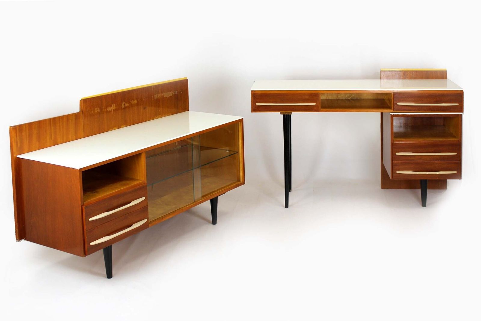 Modular Desk Set With White Glass Top By Mojmir Pozar, 1960s, Set Of 3
