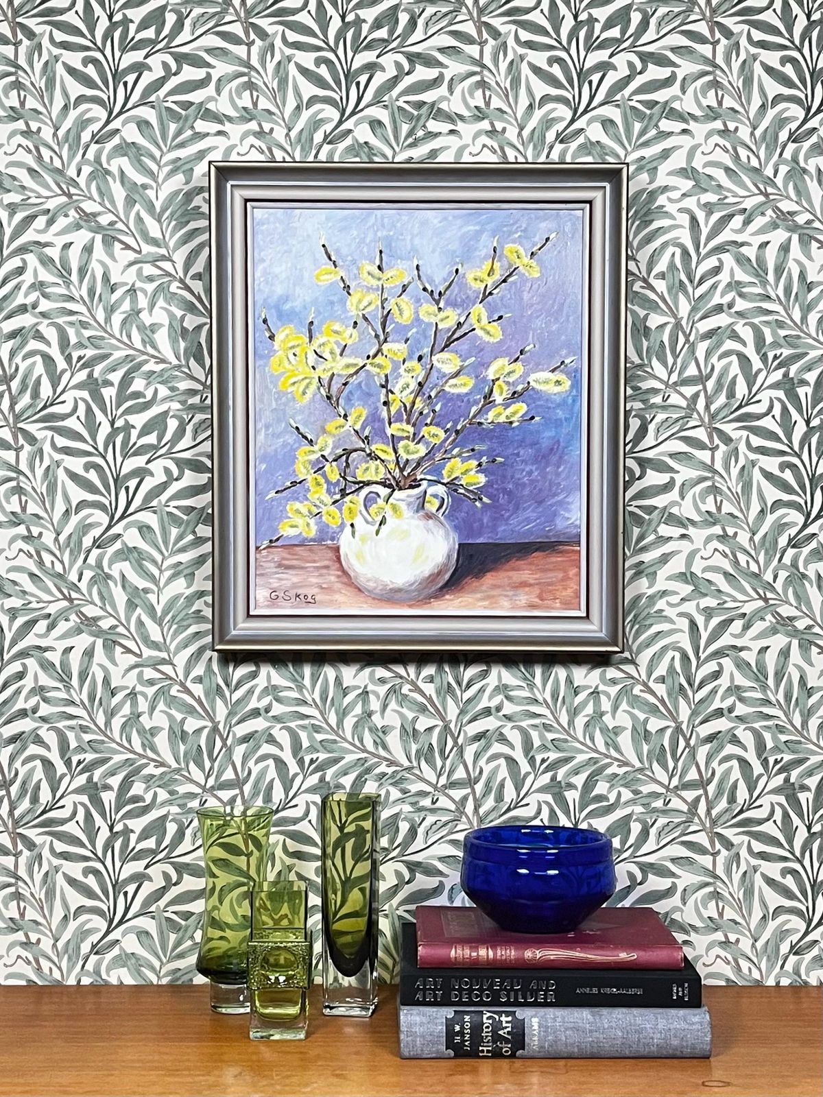 Willow Flowers, 1940s, Swedish Artist G Skog, Oil Painting On Board photo furniture