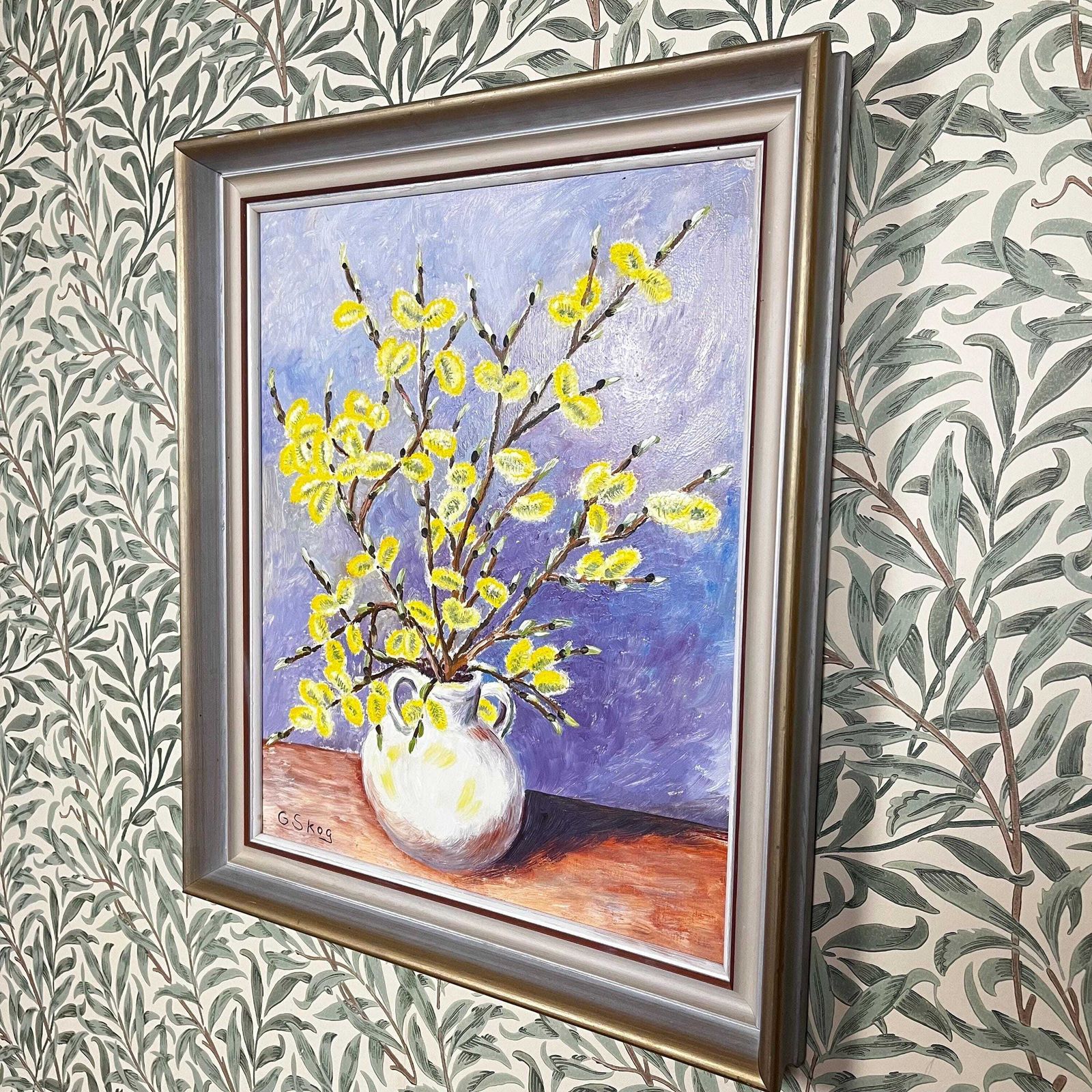 Willow Flowers, 1940s, Swedish Artist G Skog, Oil Painting On Board photo Art