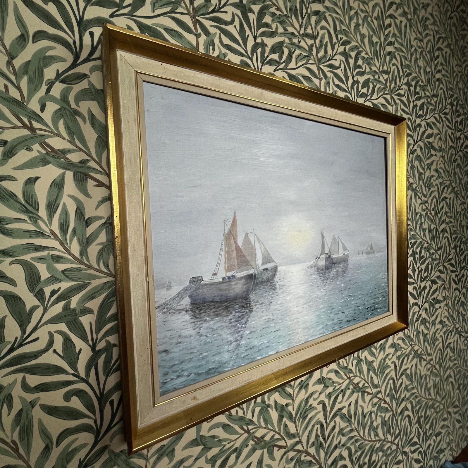Fishing Fleet In Dawn Light, 1960s, Swedish Artist E Carlsson, Oil Painting On Board photo Art