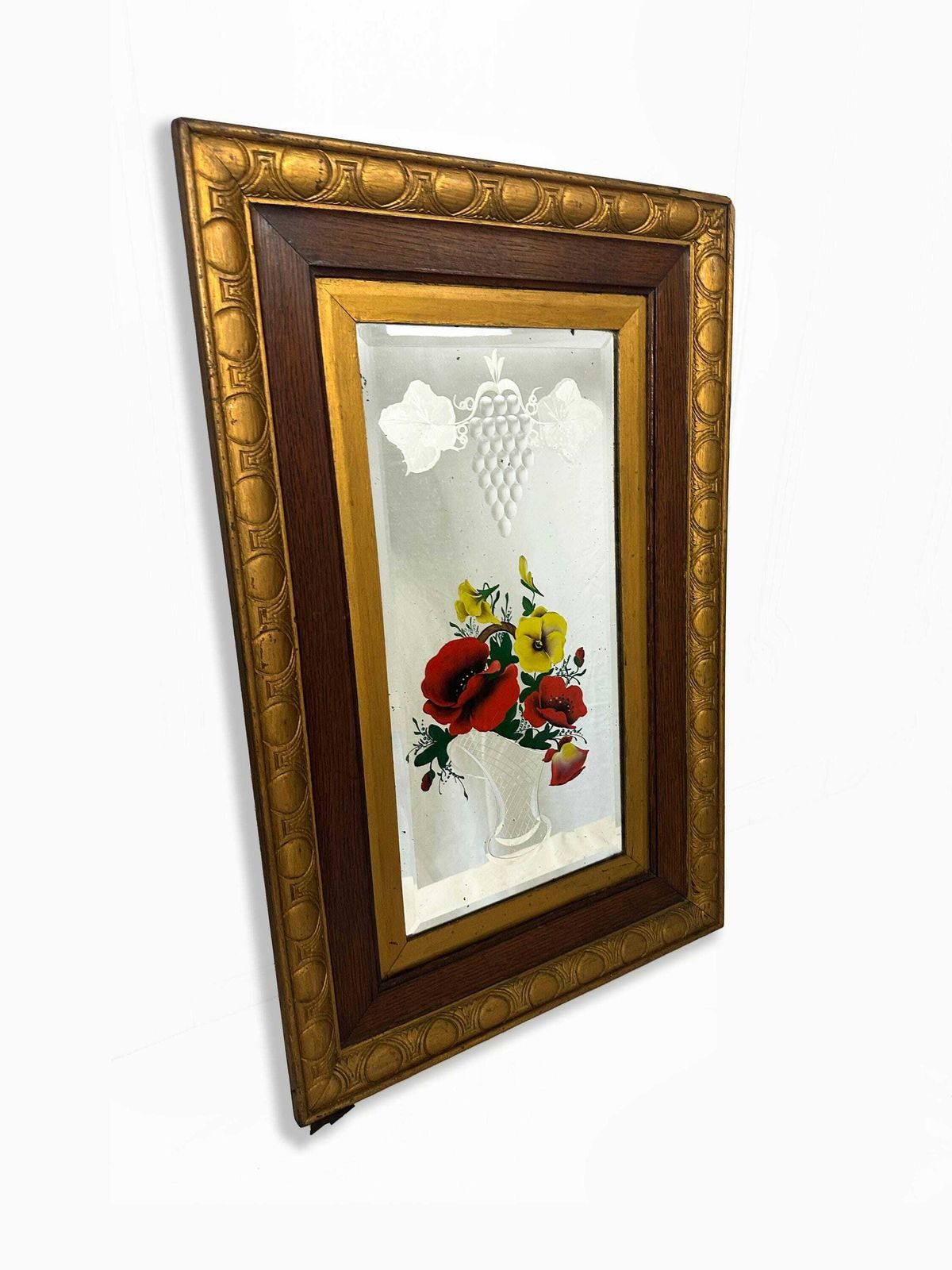 Unique Pair Of Edwardian Antique Italian Venetian Carved Reverse Painted Floral Mirrors 1901 1910 photo vinterior