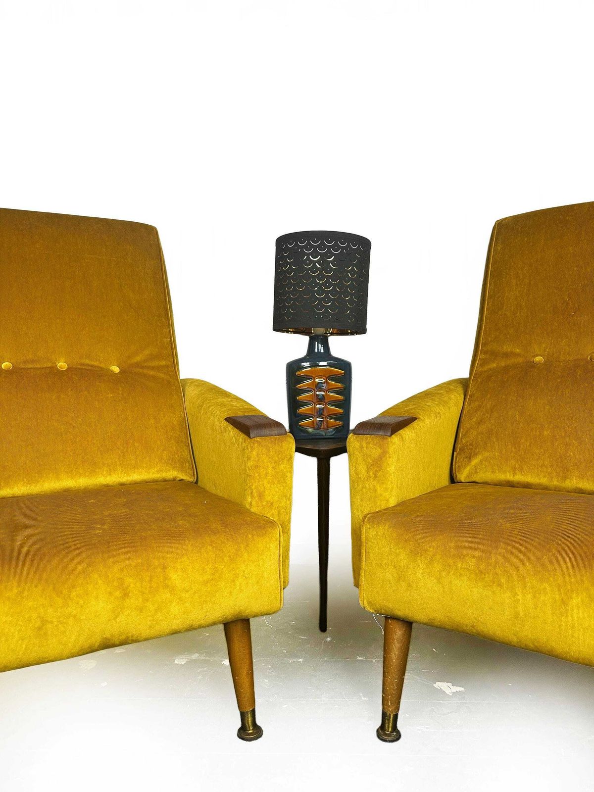Fully Reupholstered Pair Of Mid Century 1960's Fireside Armchairs With Teak Wood Detailing photo for sale