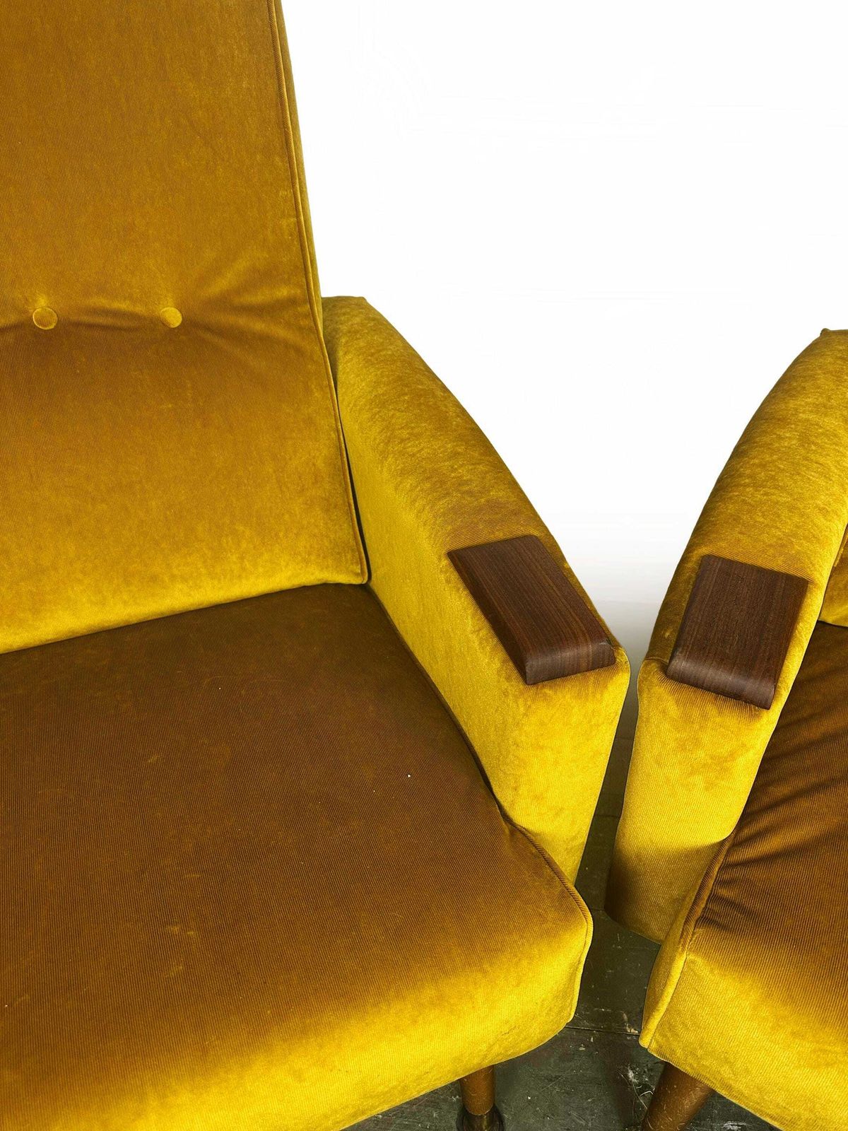Fully Reupholstered Pair Of Mid Century 1960's Fireside Armchairs With Teak Wood Detailing photo vintage