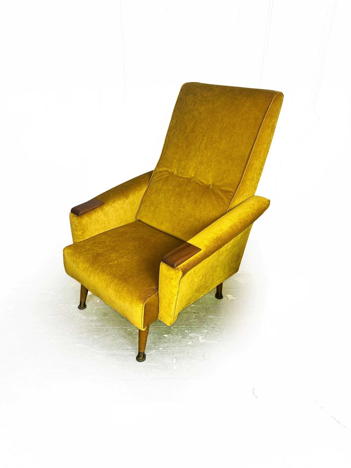 photo for sale Fully Reupholstered Pair Of Mid Century 1960's Fireside Armchairs With Teak Wood Detailing