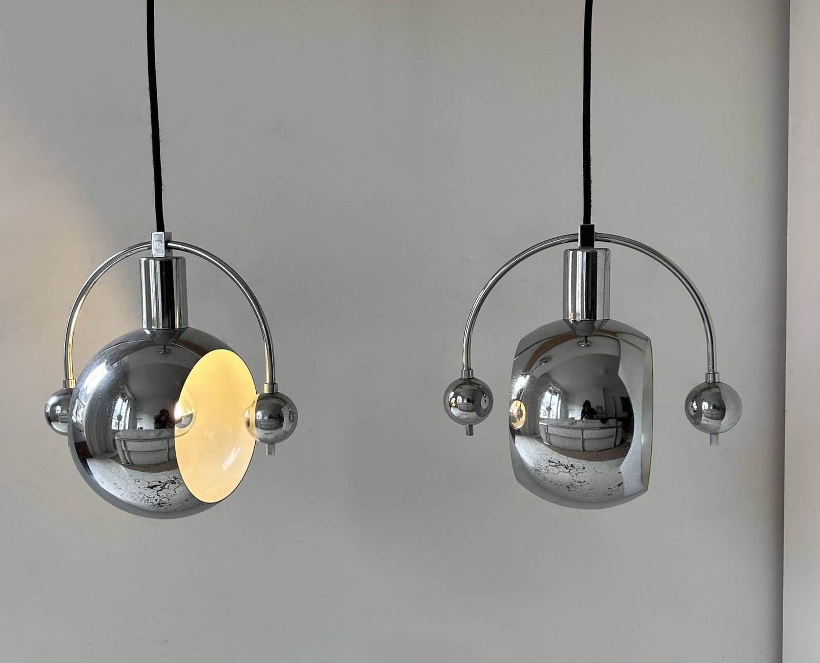 Pair Of Vintage Pendant Lights, Chrome Plated Metal, France 1960 photo furniture