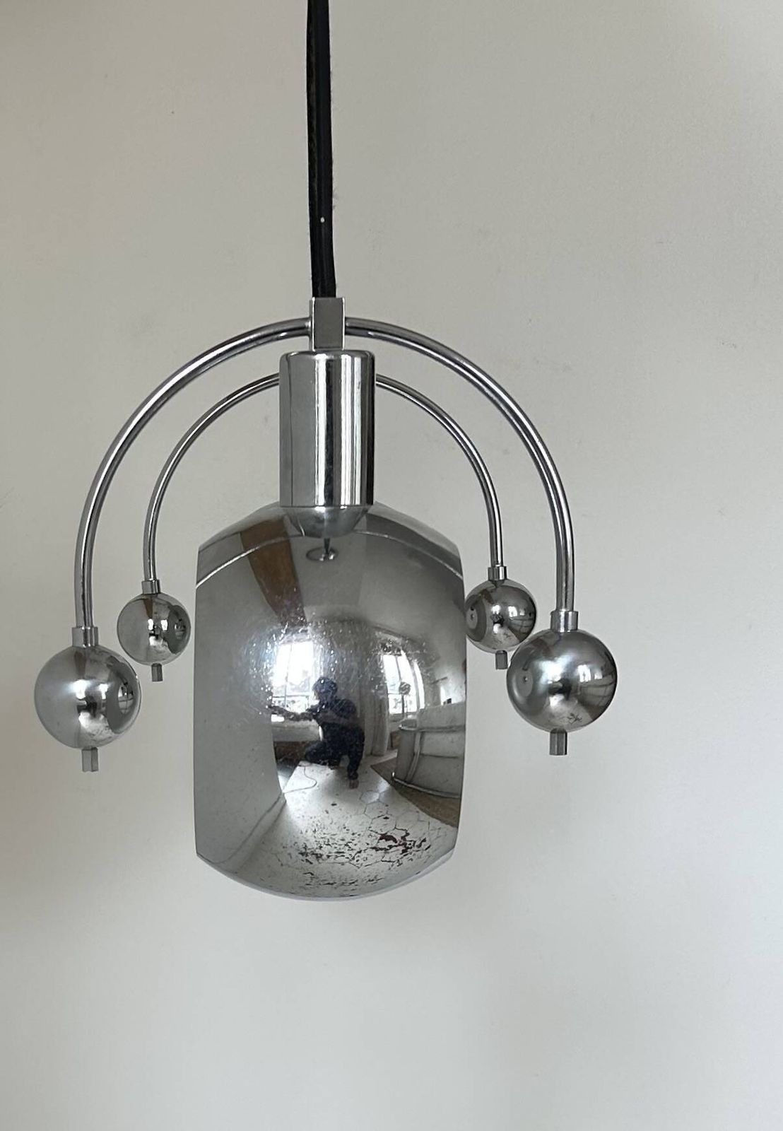 photo for sale Pair Of Vintage Pendant Lights, Chrome Plated Metal, France 1960