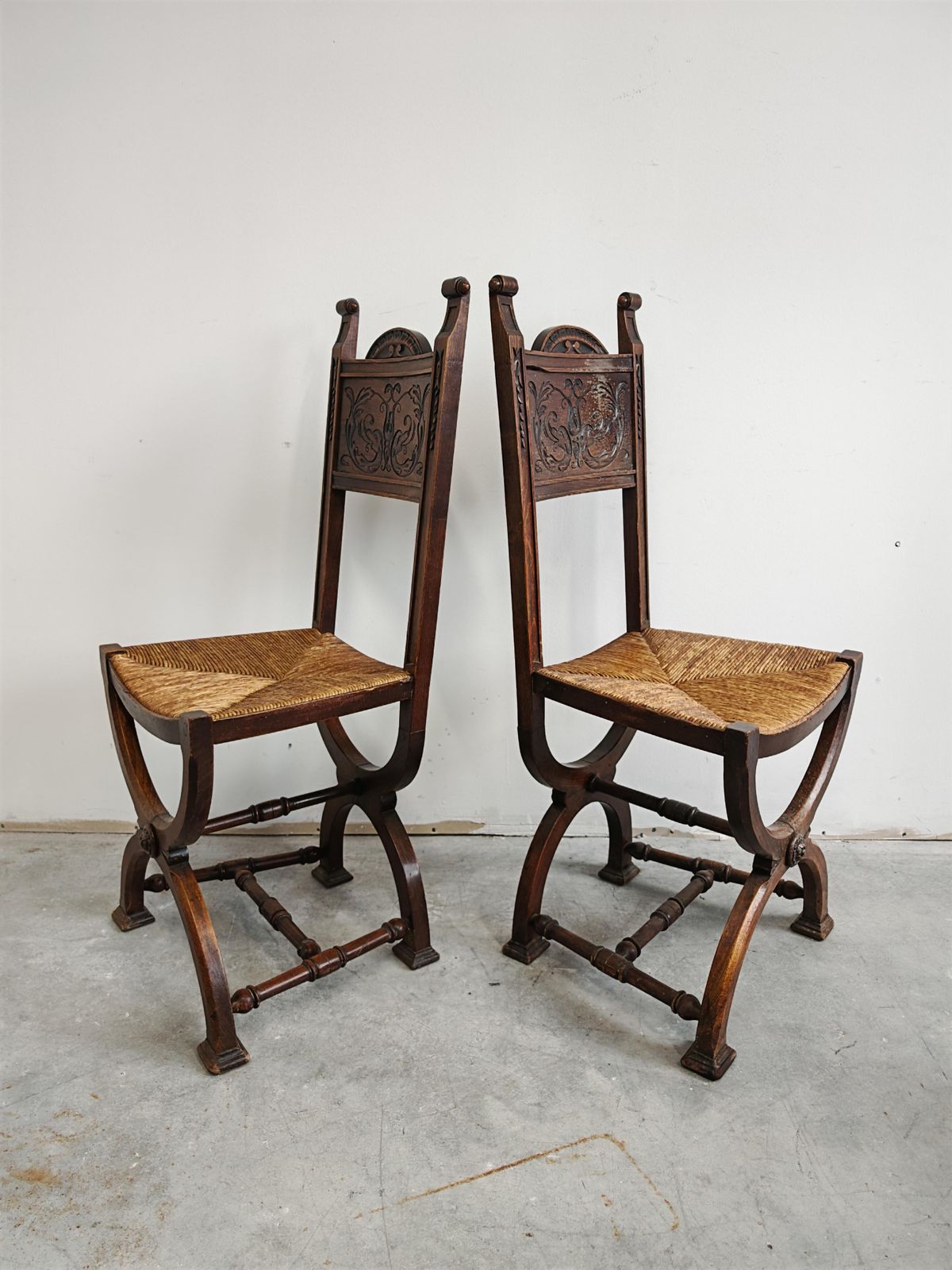 Pair Of Neo Renaissance Side Chairs In Oak With Rush Seats, France 1910s photo 2200.0