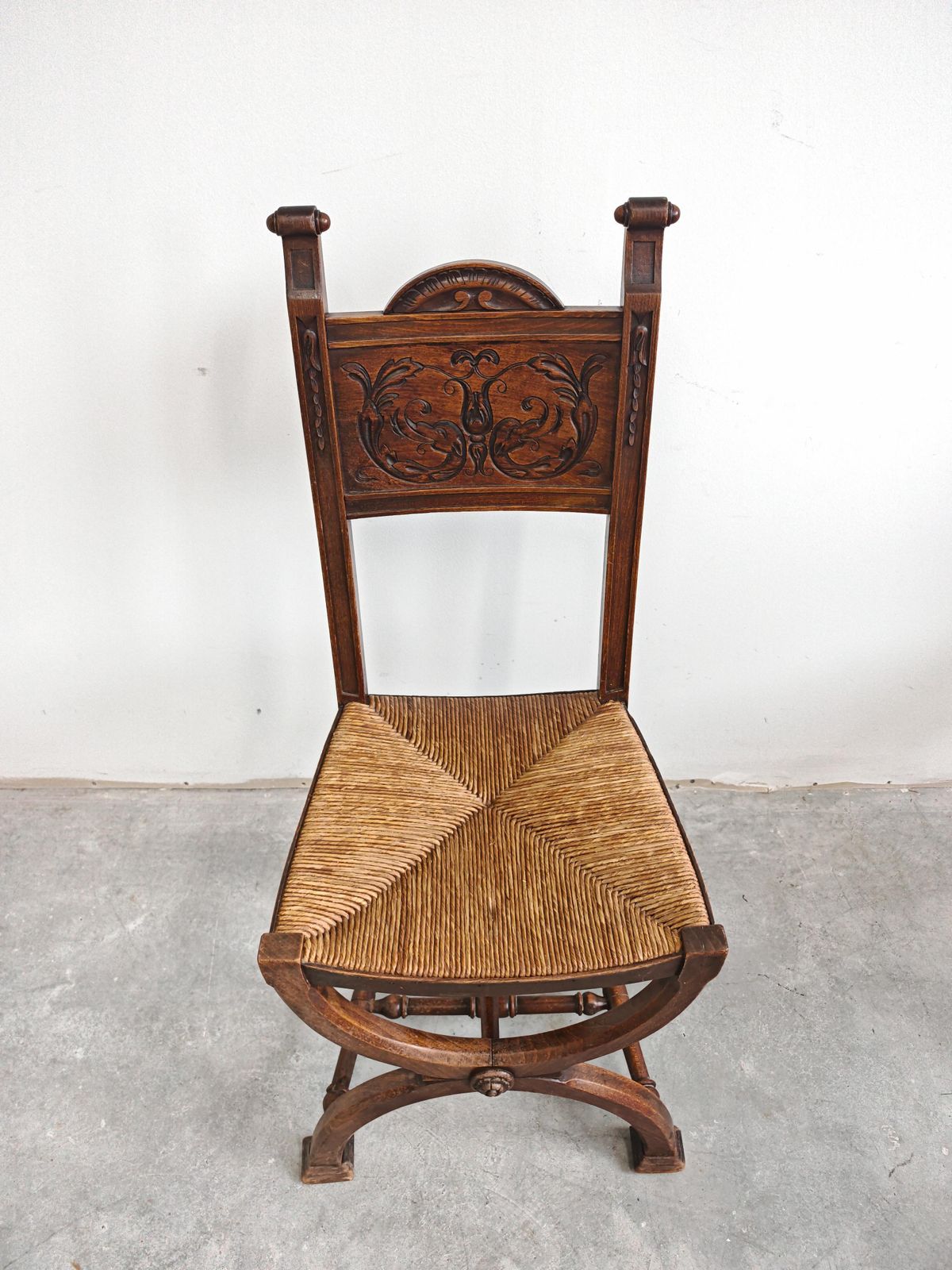 Pair Of Neo Renaissance Side Chairs In Oak With Rush Seats, France 1910s photo vinterior