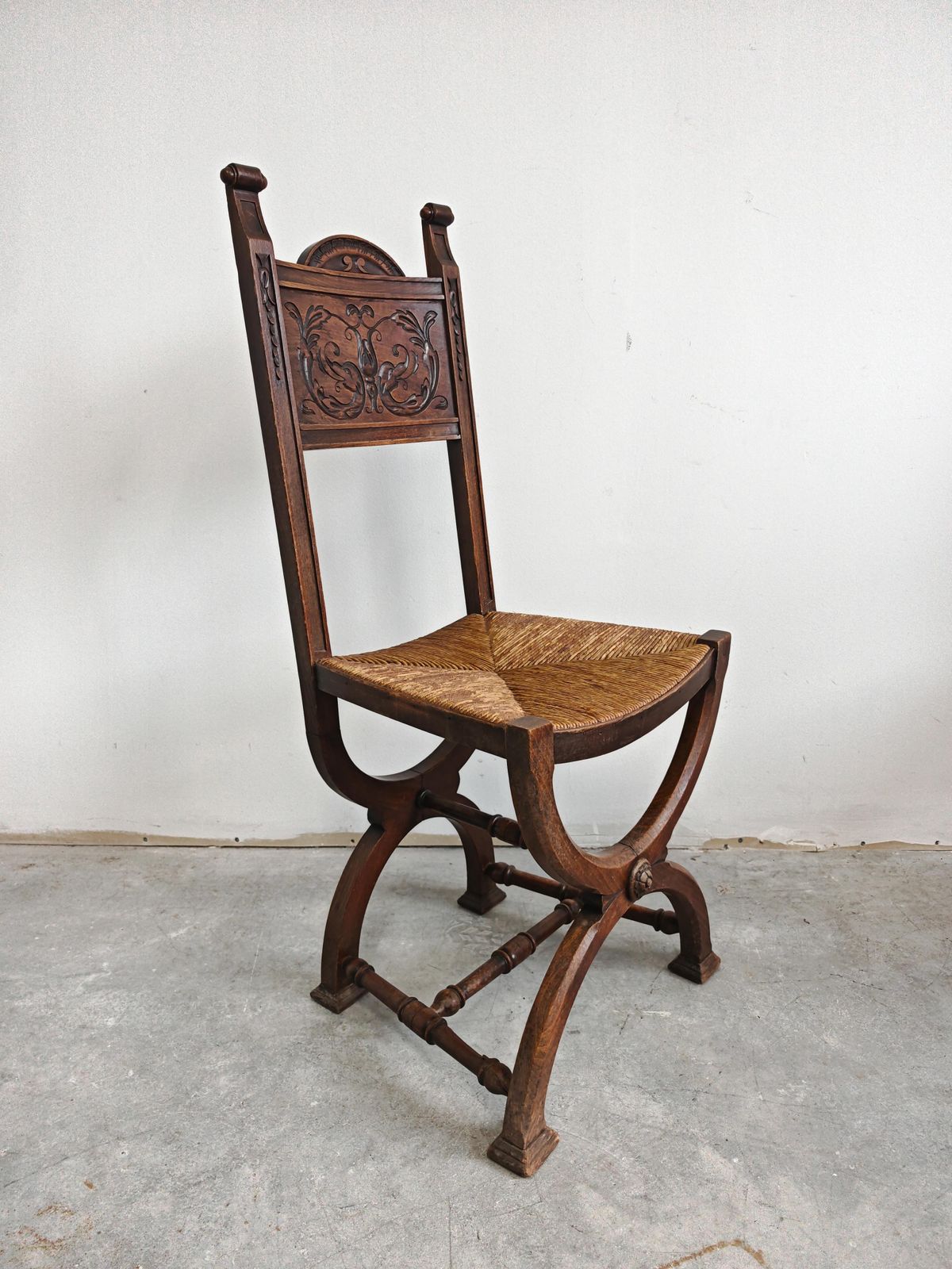 2200.0 Pair Of Neo Renaissance Side Chairs In Oak With Rush Seats, France 1910s photo