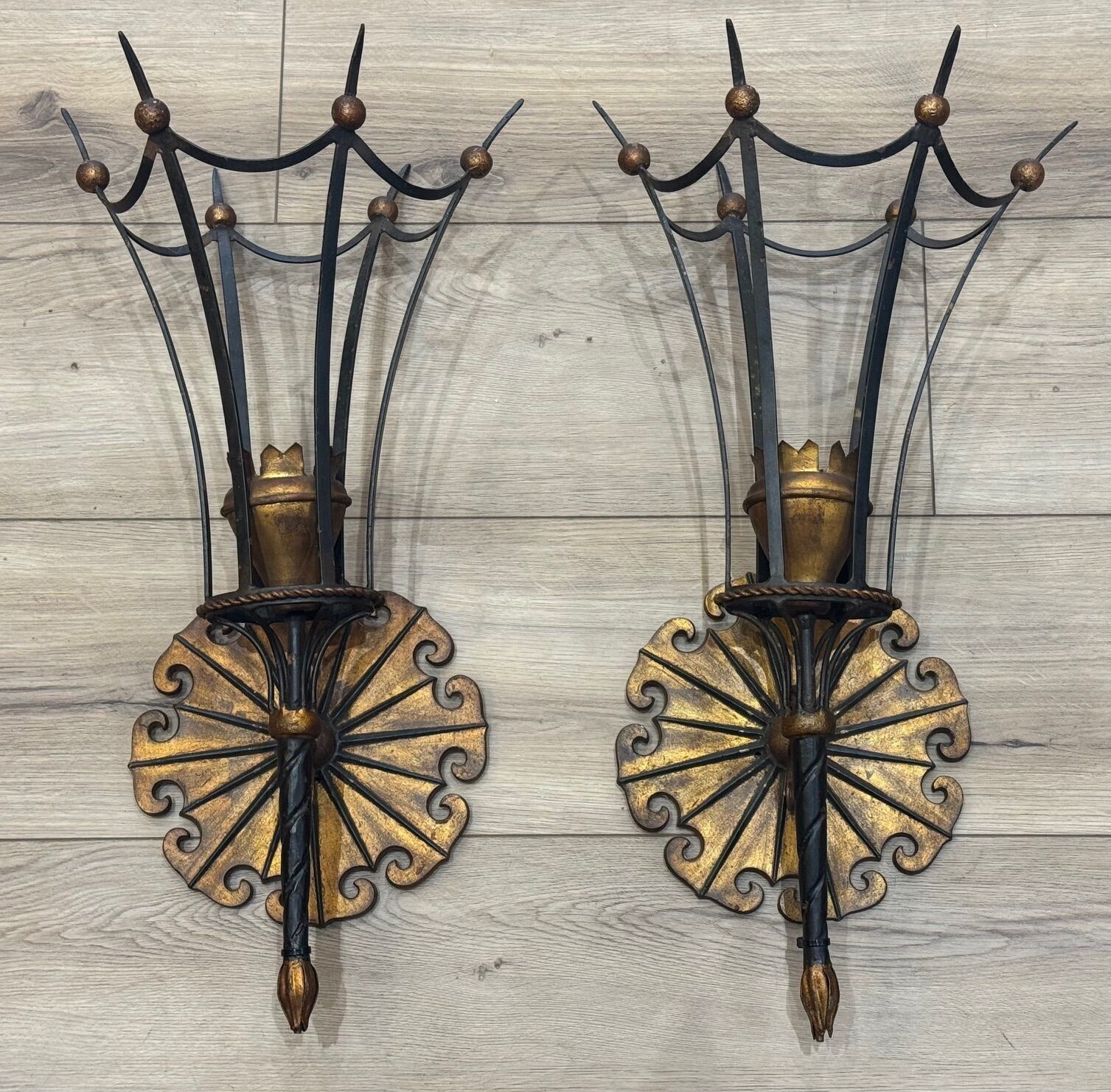 A Large Pair Of Italian 1940s Torchiere Gilt And Black Metal Wall Sconces photo furniture