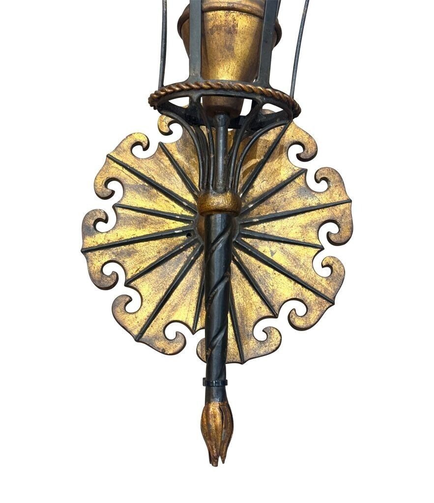 A Large Pair Of Italian 1940s Torchiere Gilt And Black Metal Wall Sconces photo for sale