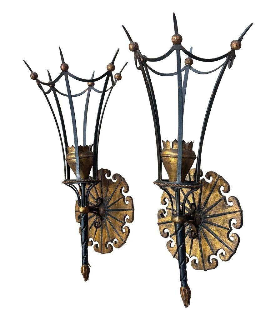 A Large Pair Of Italian 1940s Torchiere Gilt And Black Metal Wall Sconces photo buy