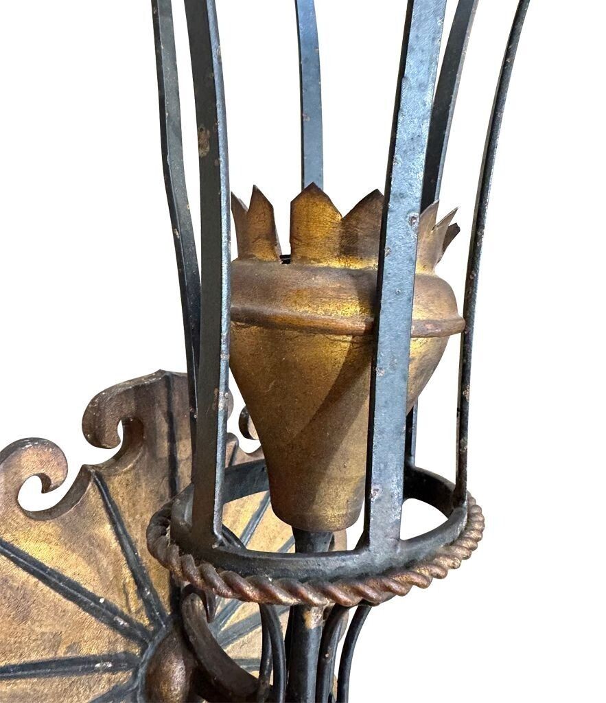 A Large Pair Of Italian 1940s Torchiere Gilt And Black Metal Wall Sconces photo vintage