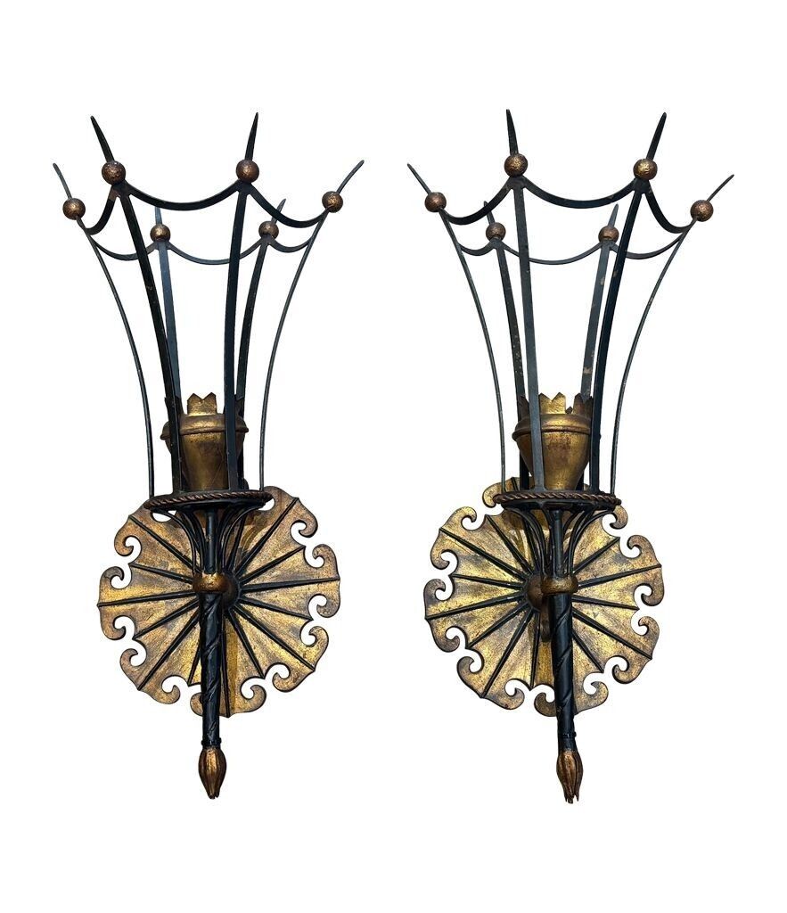photo furniture A Large Pair Of Italian 1940s Torchiere Gilt And Black Metal Wall Sconces