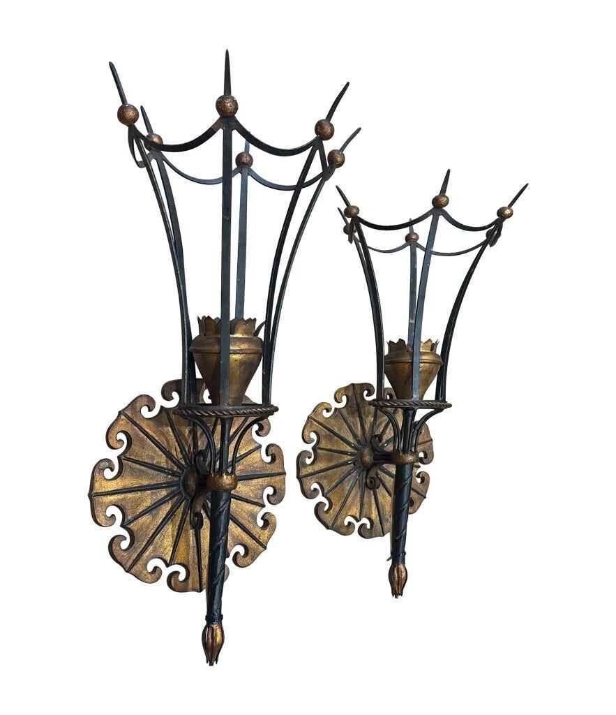 Lighting A Large Pair Of Italian 1940s Torchiere Gilt And Black Metal Wall Sconces photo