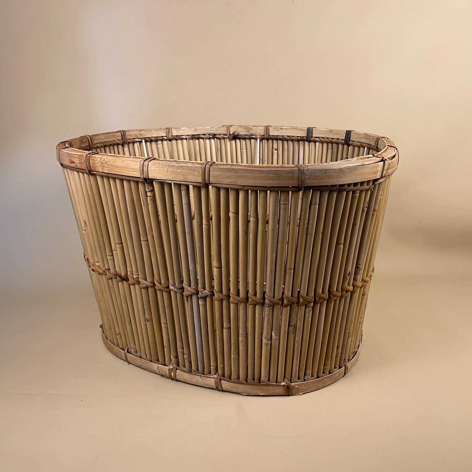 Vintage Bamboo Oval Basket Plant Pot Planter Woven Wicker Brown Antique Storage Farmhouse Cottage Decor Display Handmade Toy Logs photo vinterior