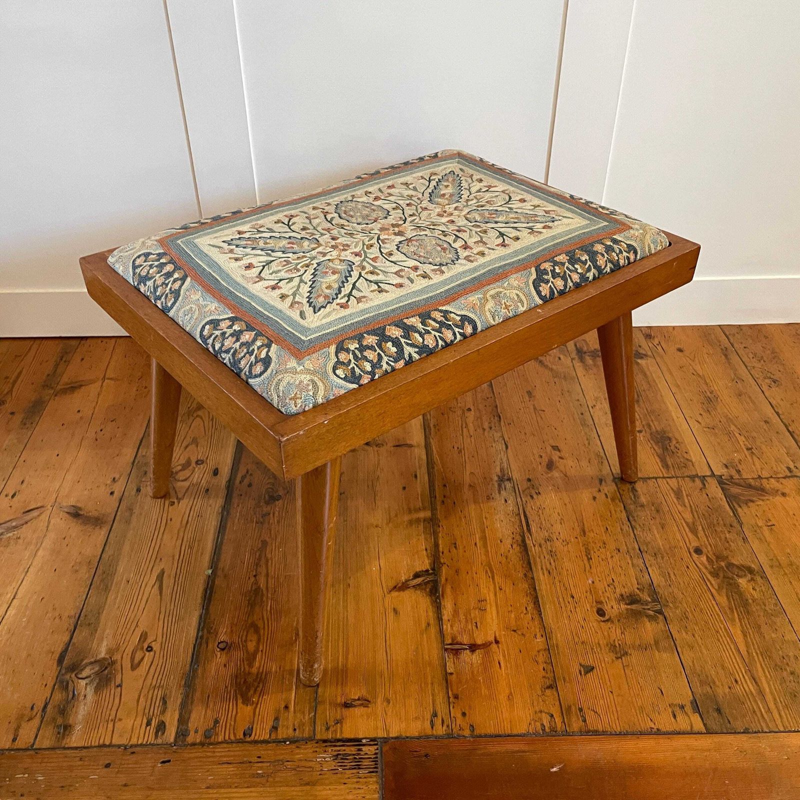 Vintage Hallway Seat Needlepoint Upholstery Dressing Table Or Piano Bench Stool Wooden Frame Floral Motif Mid Century Tapered Legs photo 225.0