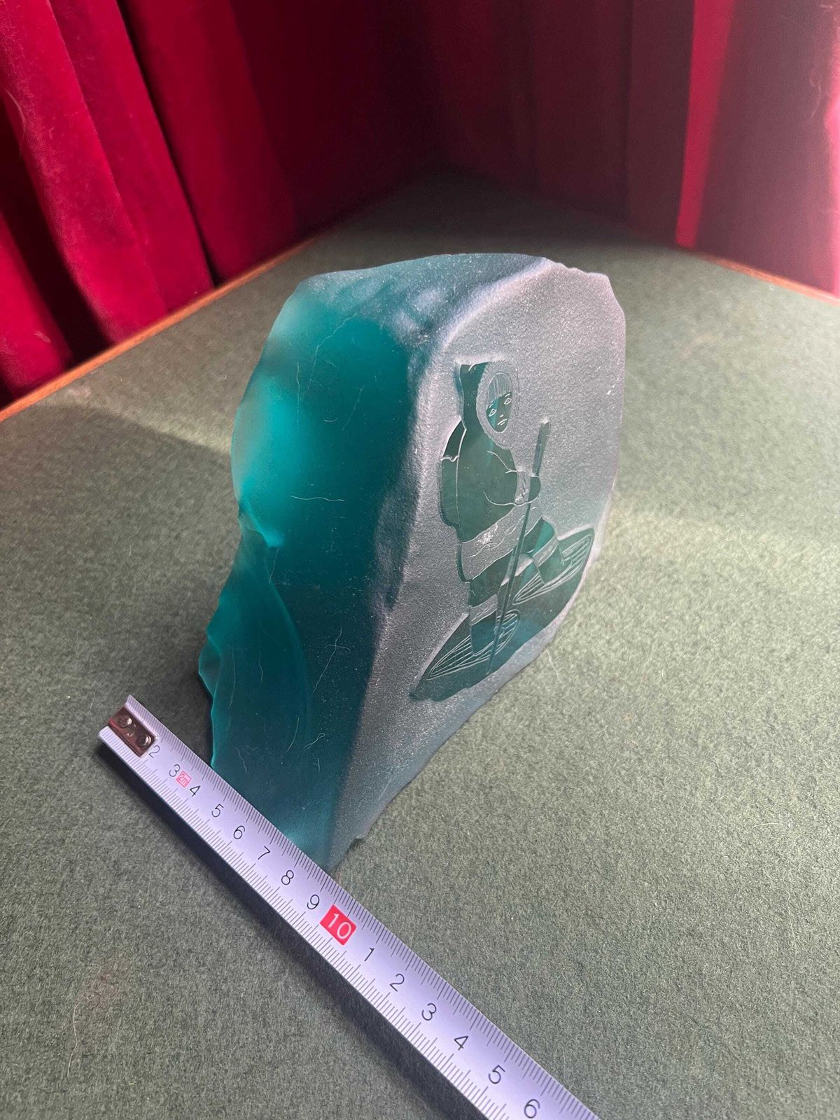photo furniture Siku Signed Native Inuit Frosted Etched Art Glass Sculpture Paperweight. Blue Sea Glass Canadian Folk Art.