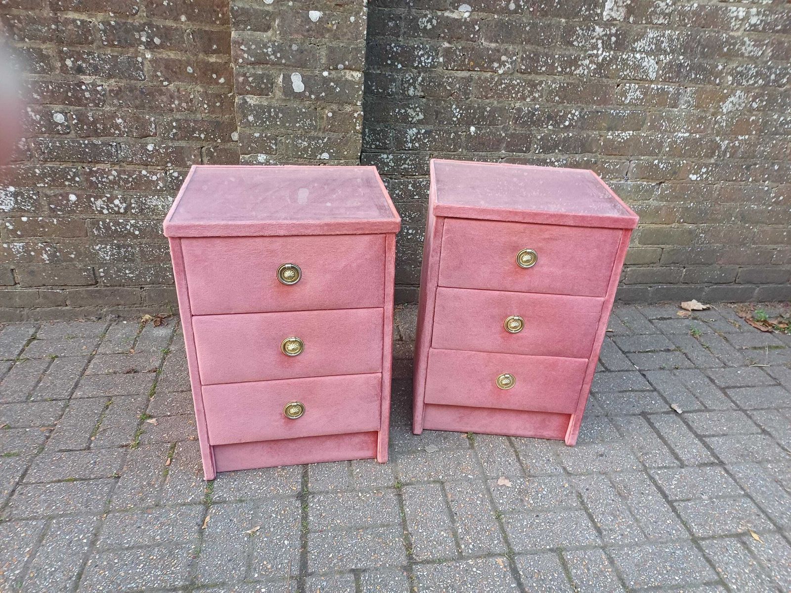 Pair Of Vintage Pink Velvet 3 Drawer Bedside Tables, Retro Eccentric Nightstands Brass Handles, Hollywood Regency Bedroom Decor Glass Tops