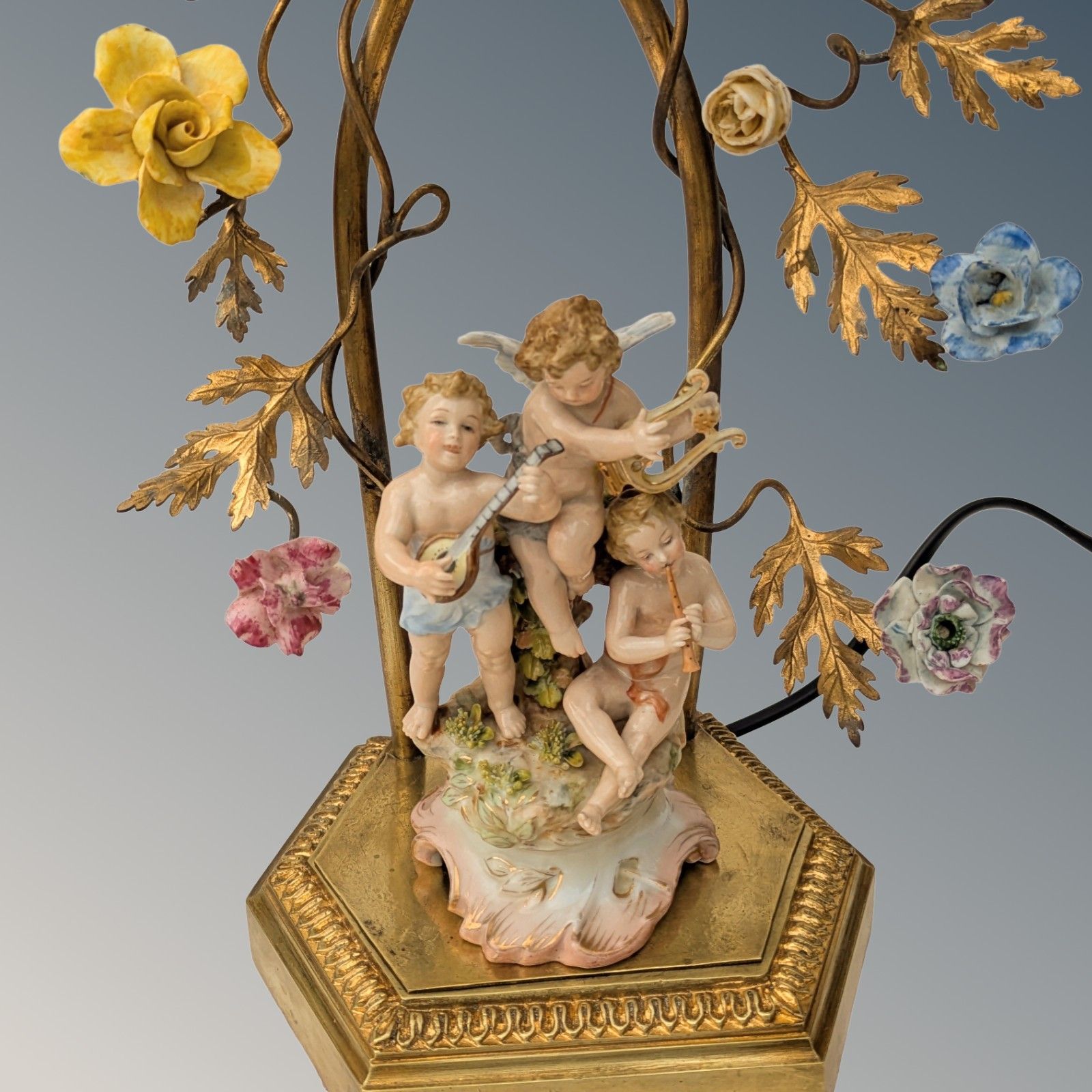 Antique French Porcelain Cherub Lamp Beaded Shade Gilt Toleware photo furniture