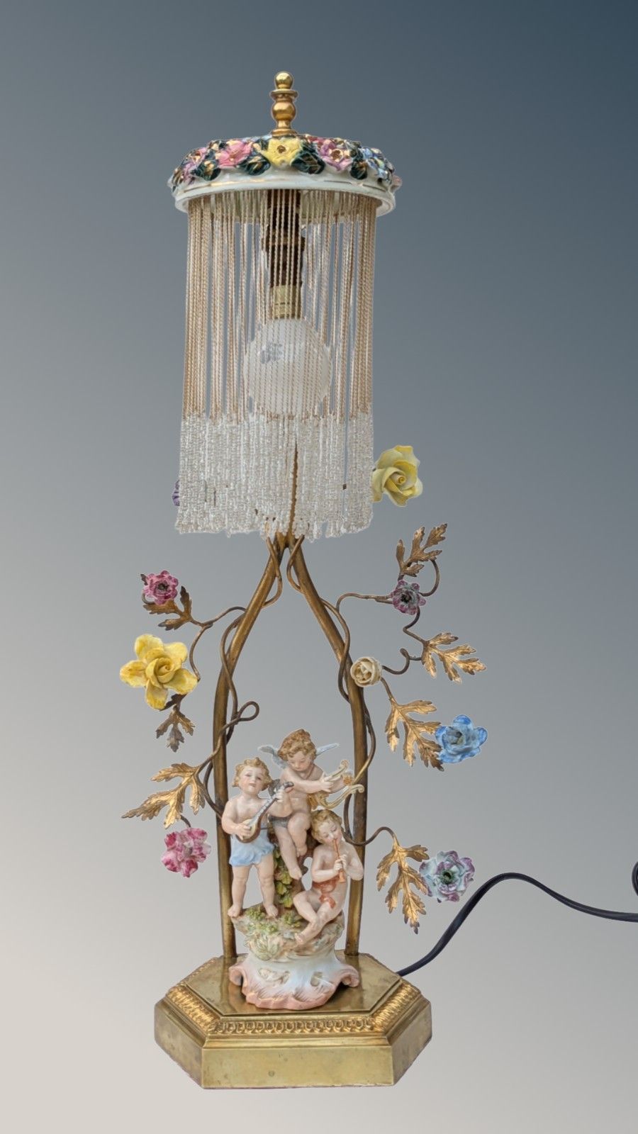 Antique French Porcelain Cherub Lamp Beaded Shade Gilt Toleware photo Lighting