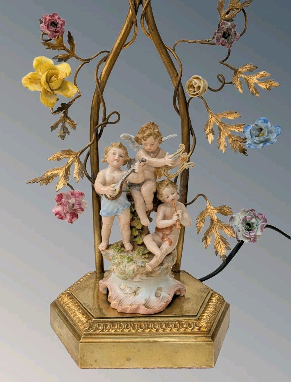 Antique French Porcelain Cherub Lamp Beaded Shade Gilt Toleware photo 585.0