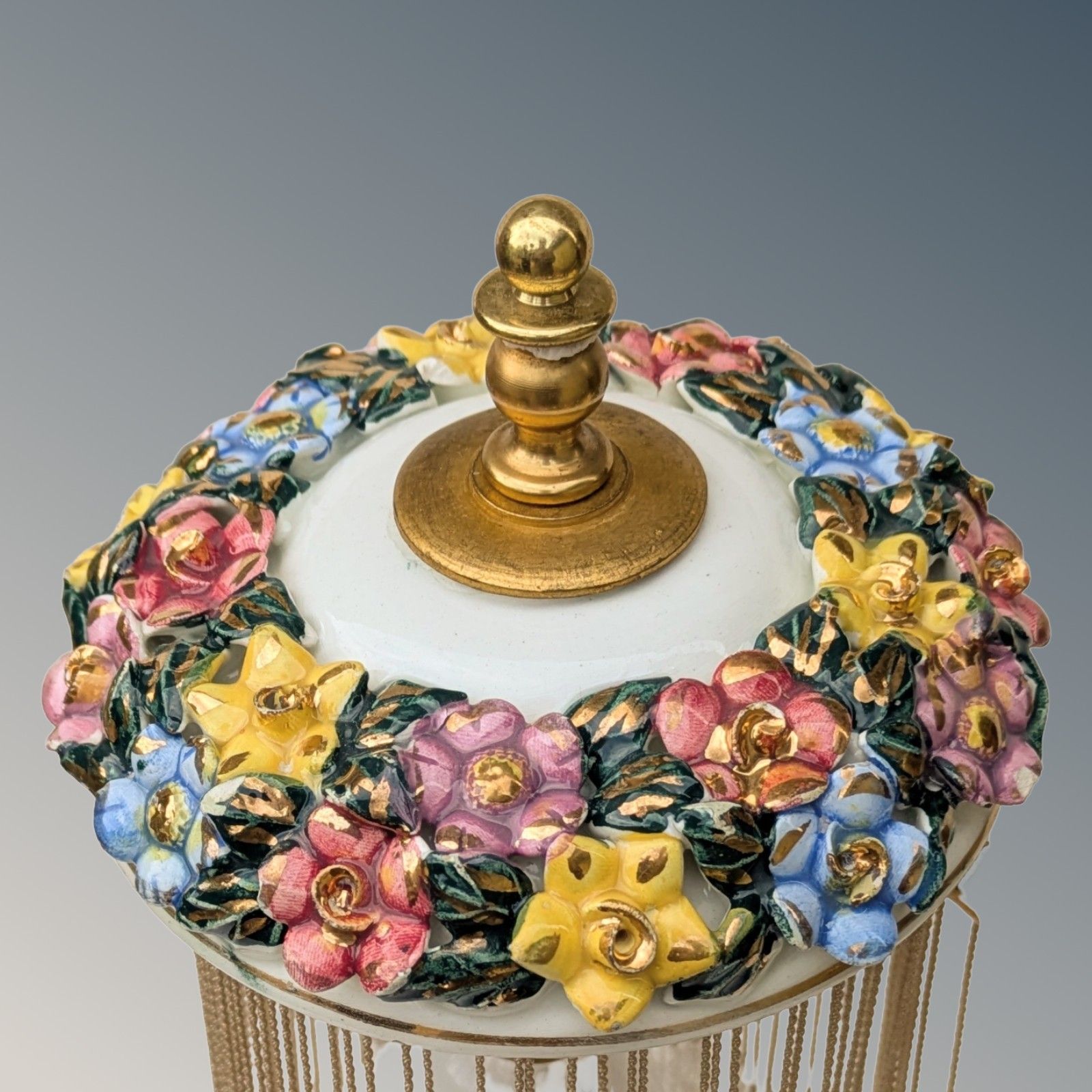 Antique French Porcelain Cherub Lamp Beaded Shade Gilt Toleware photo buy
