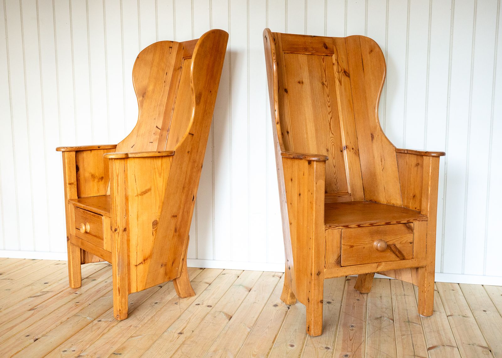 Pair Of Blonde Lambing Chairs Rustic Farmhouse Armchairs Wingback Fireside Reading Mid Century Vintag.E Country House photo Furniture