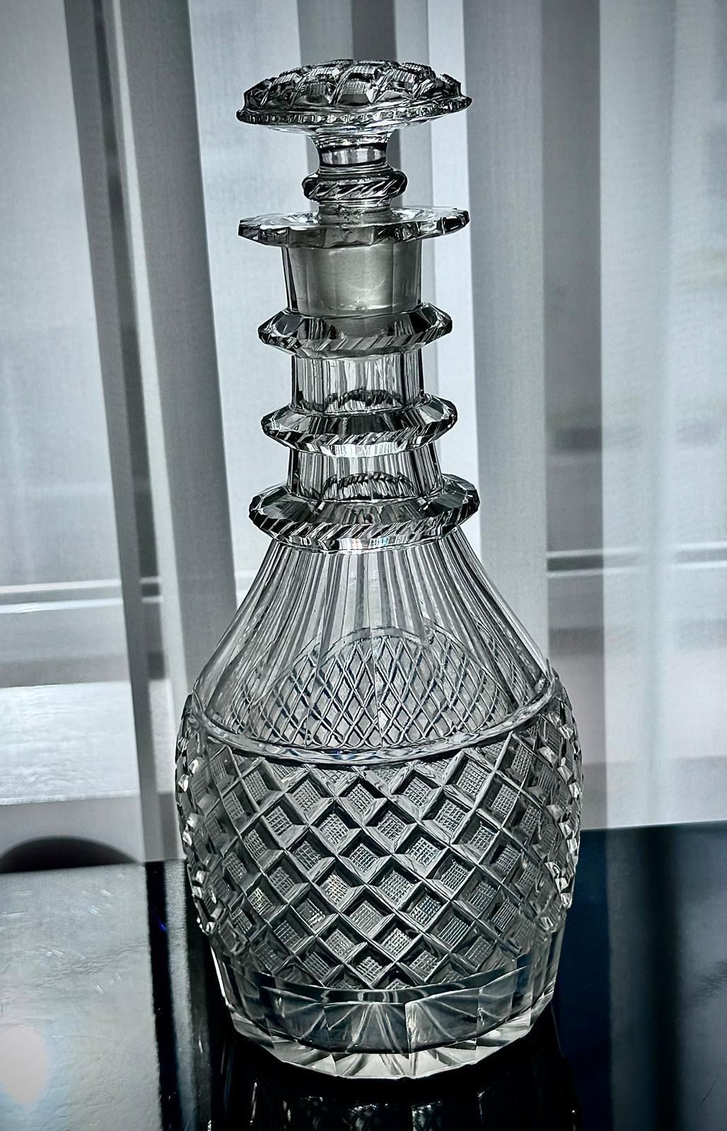 Georgian Hand Cut Glass Decanter, Strawberry Diamond & Fluted Design, C.1820–1835 photo for sale